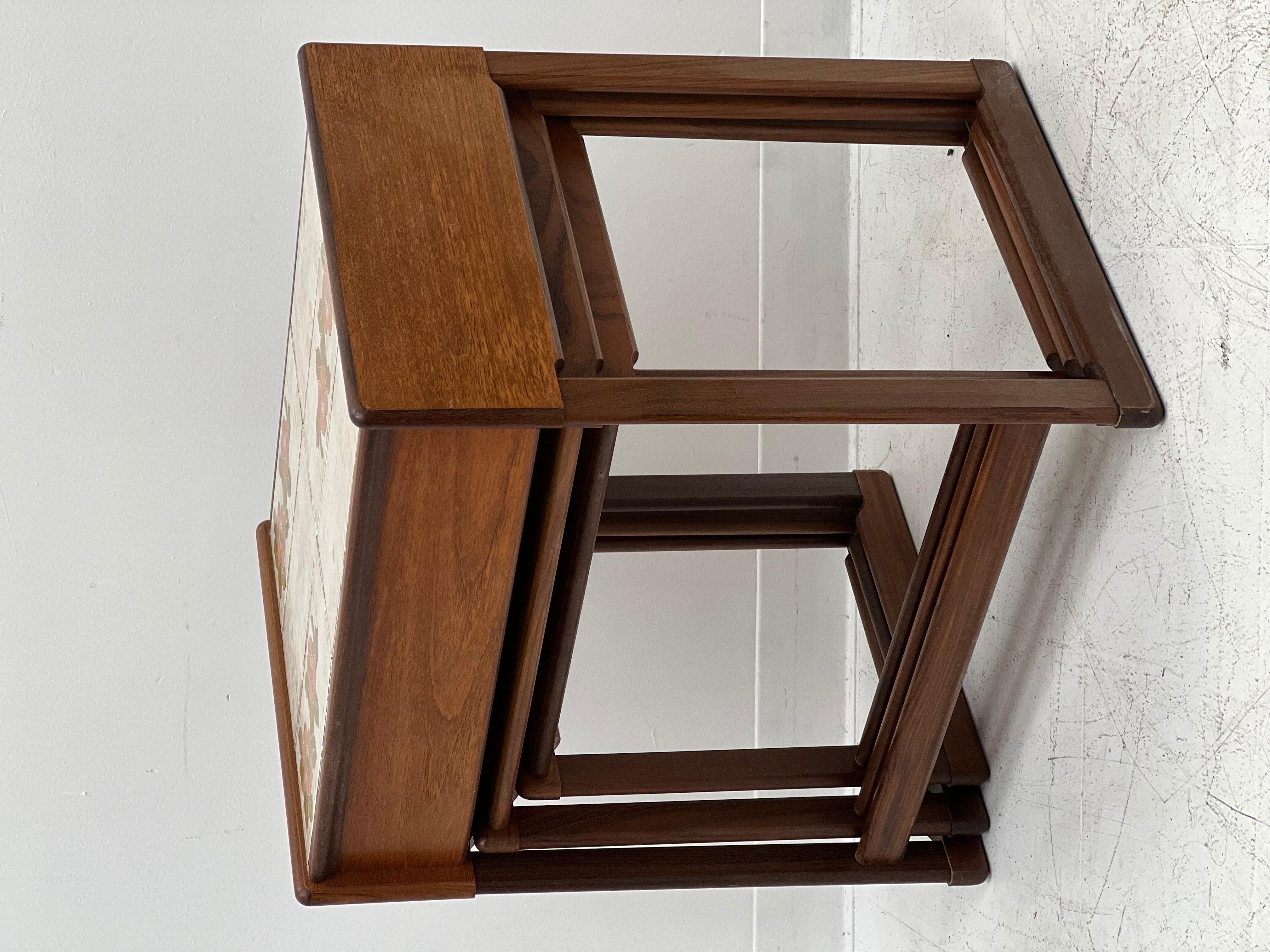 Imported Solid Teak Danish Modern Tile Top Nesting Table In Good Condition For Sale In Seattle, WA