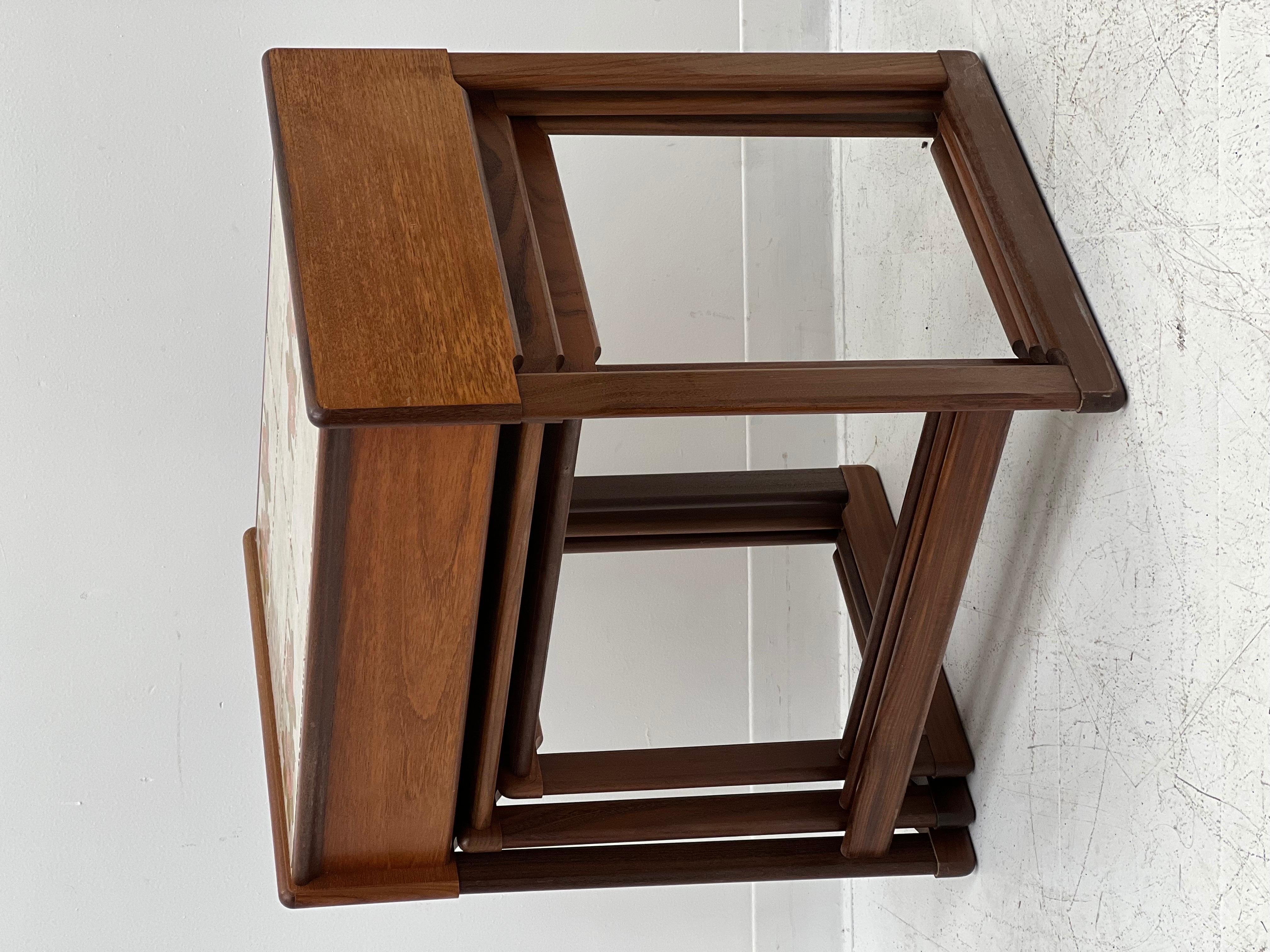 Late 20th Century Imported Solid Teak Danish Modern Tile Top Nesting Table For Sale