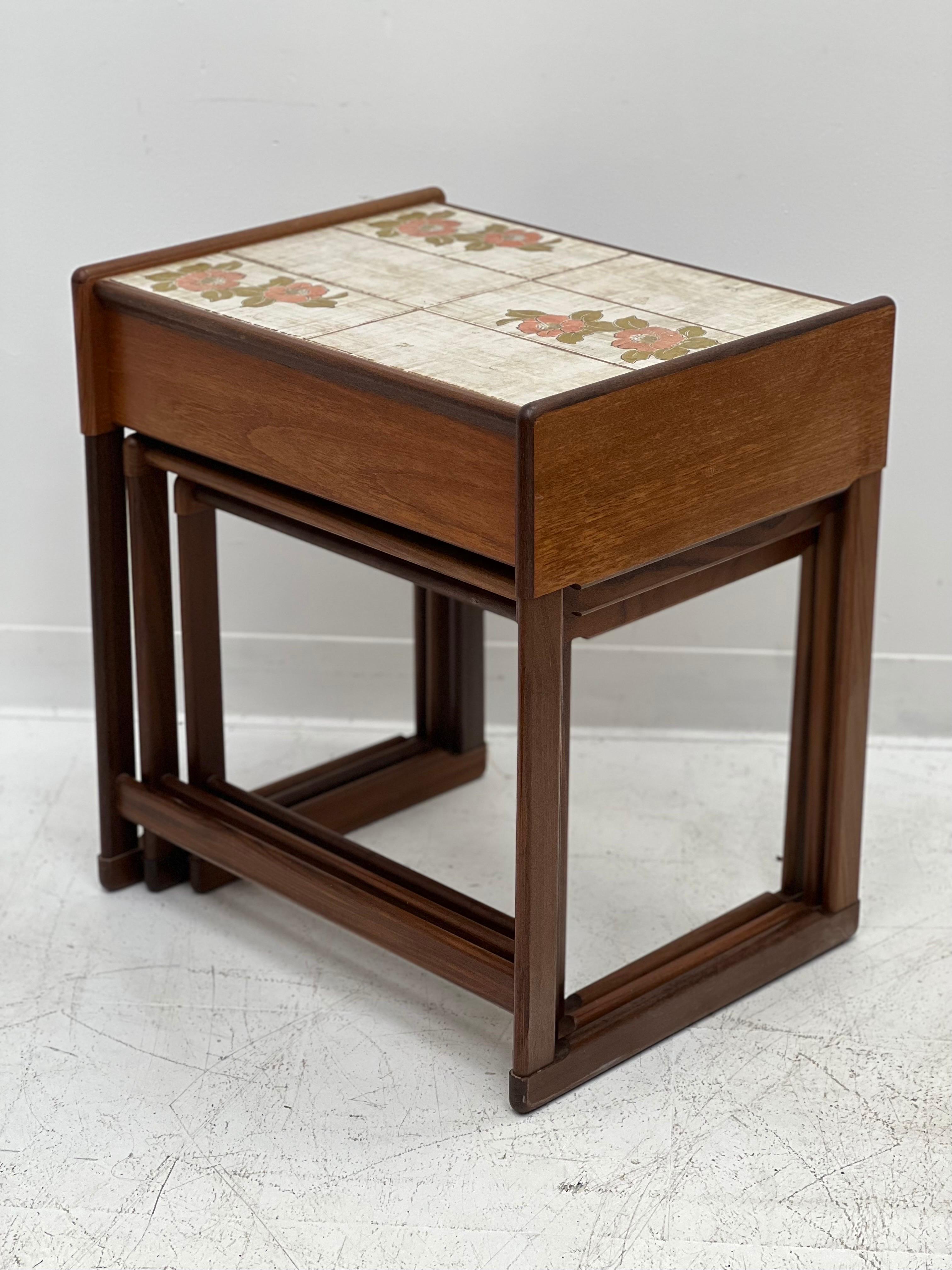 Imported Solid Teak Danish Modern Tile Top Nesting Table For Sale 1