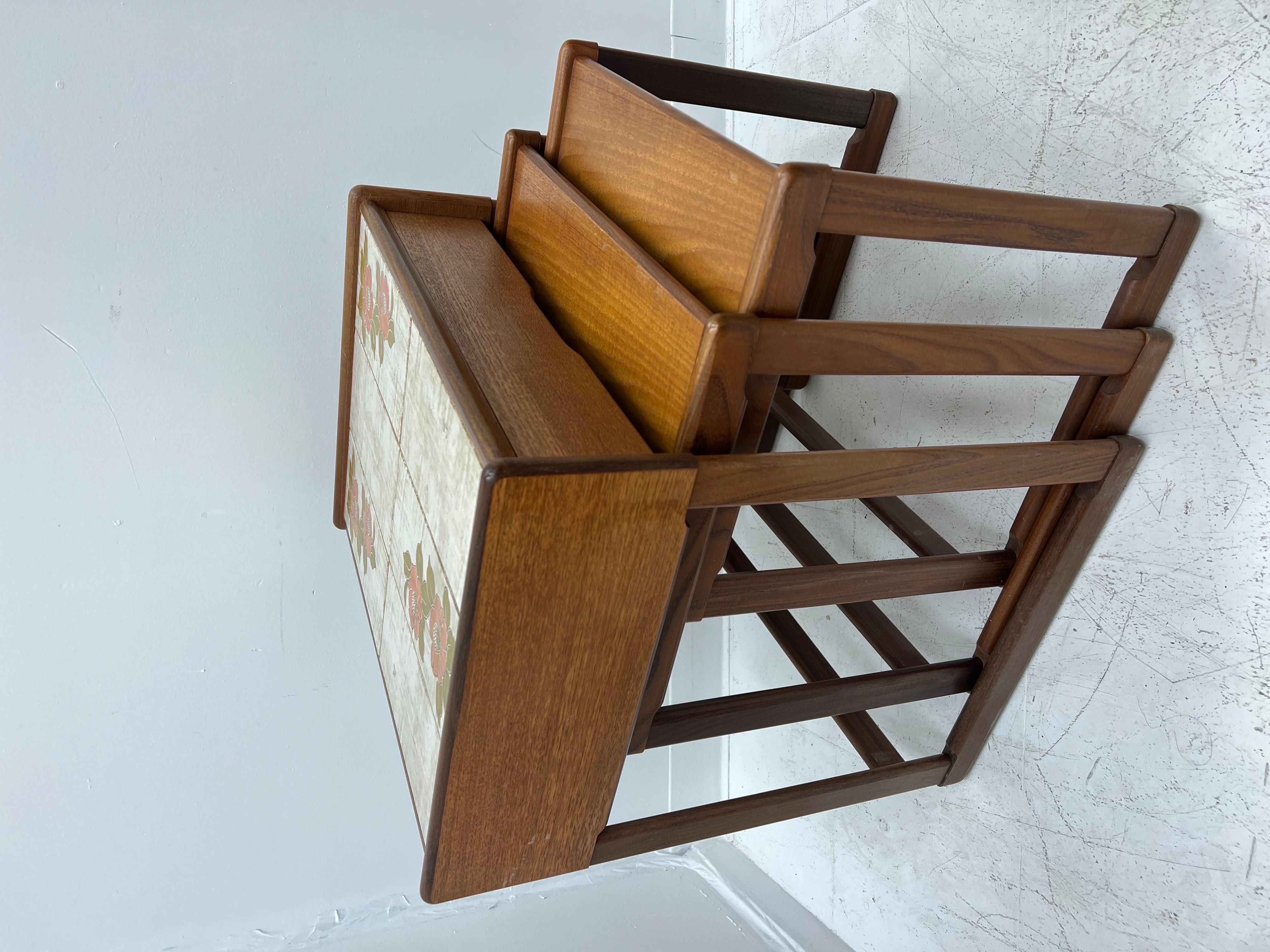 Imported Solid Teak Danish Modern Tile Top Nesting Table For Sale 5
