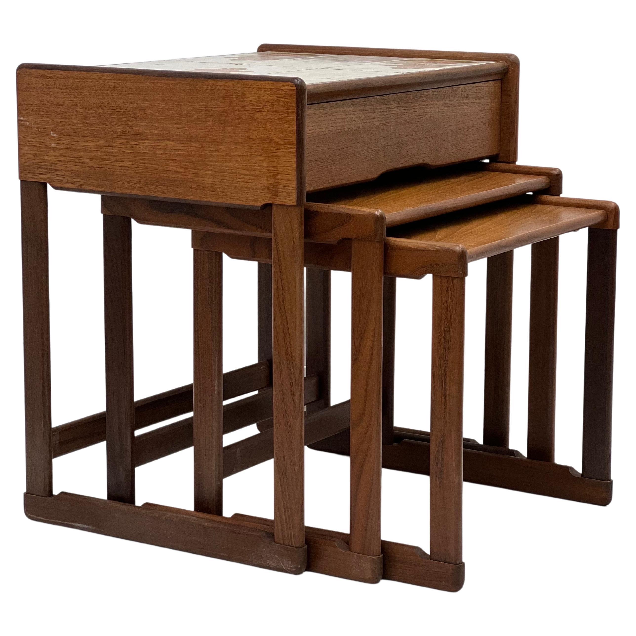 Imported Solid Teak Danish Modern Tile Top Nesting Table