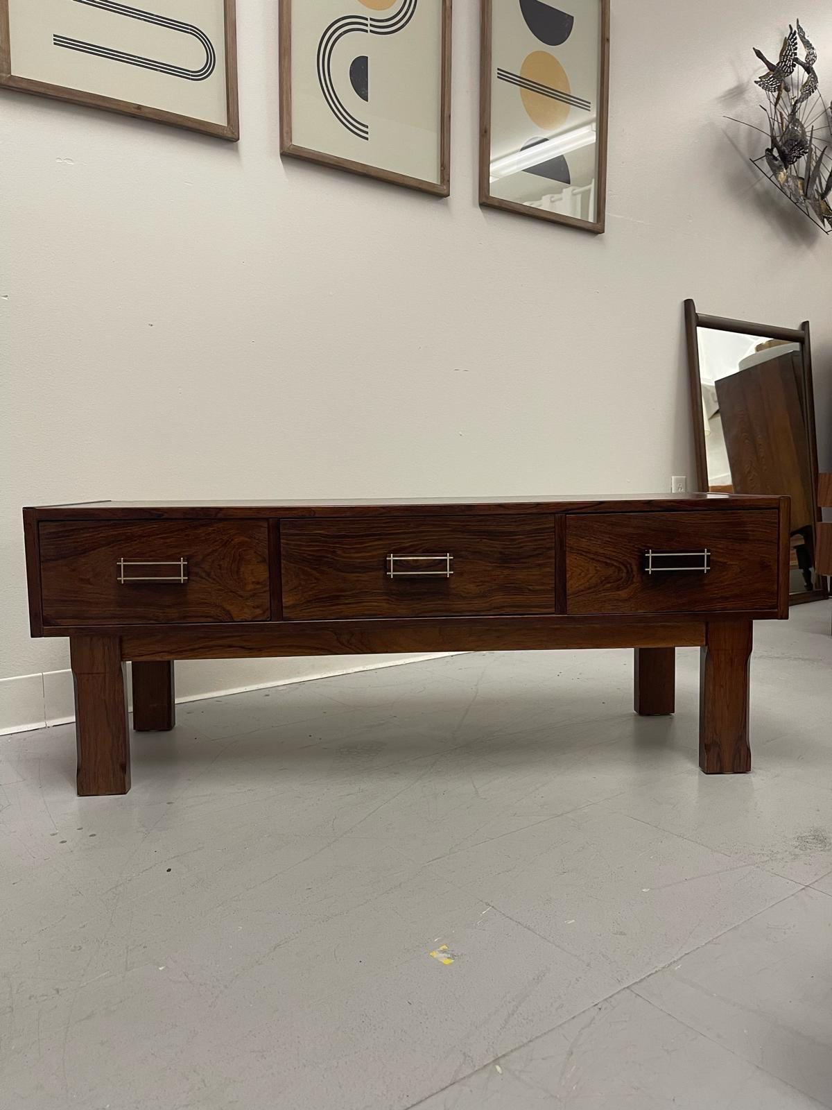 This Table Features wood Inlay Accents on Each of the Three Drawer Pulls. Beautiful Wood Grain throughput. Imported From Denmark. No Maker’s Mark. Vintage Condition Consistent with Age as Pictured.

Dimensions. 43 W ; 14 D ; 16 1/2 H