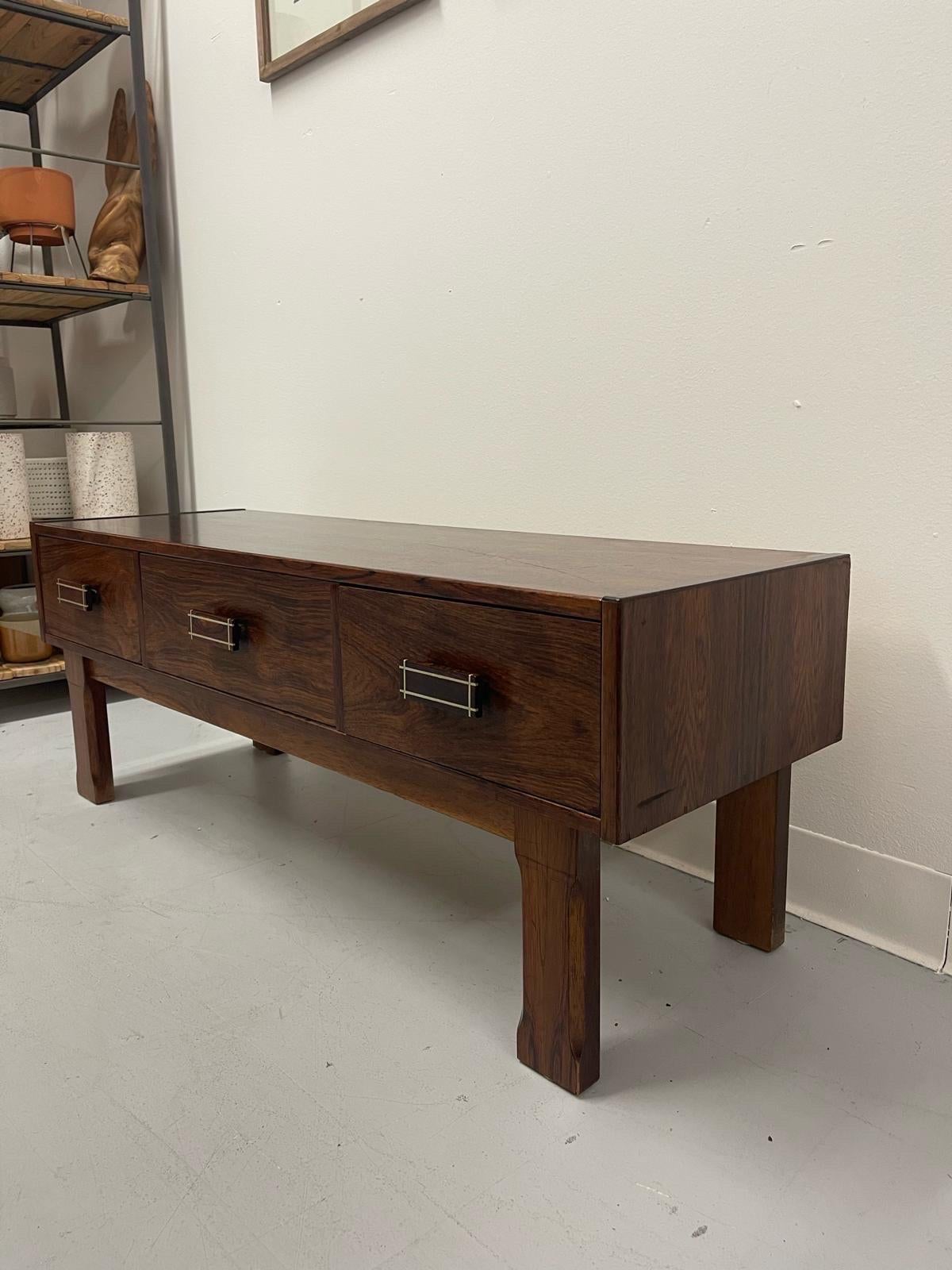 Mid-Century Modern Imported Vintage Danish Modern Rosewood Low Console Coffee Table with wood inlay For Sale