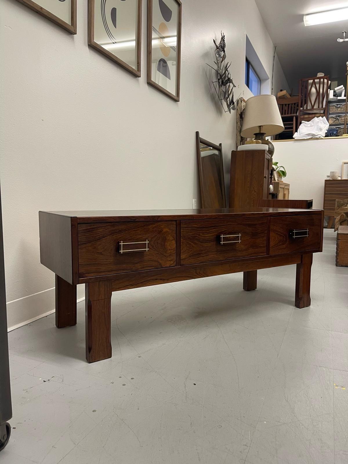 Imported Vintage Danish Modern Rosewood Low Console Coffee Table with wood inlay In Good Condition For Sale In Seattle, WA