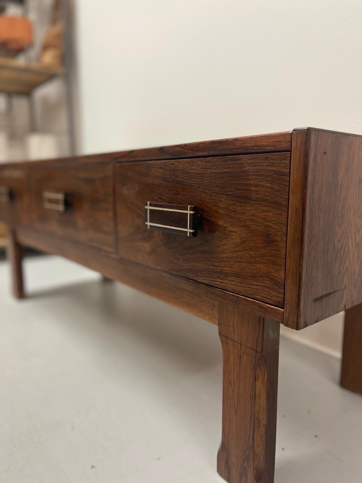 Late 20th Century Imported Vintage Danish Modern Rosewood Low Console Coffee Table with wood inlay For Sale