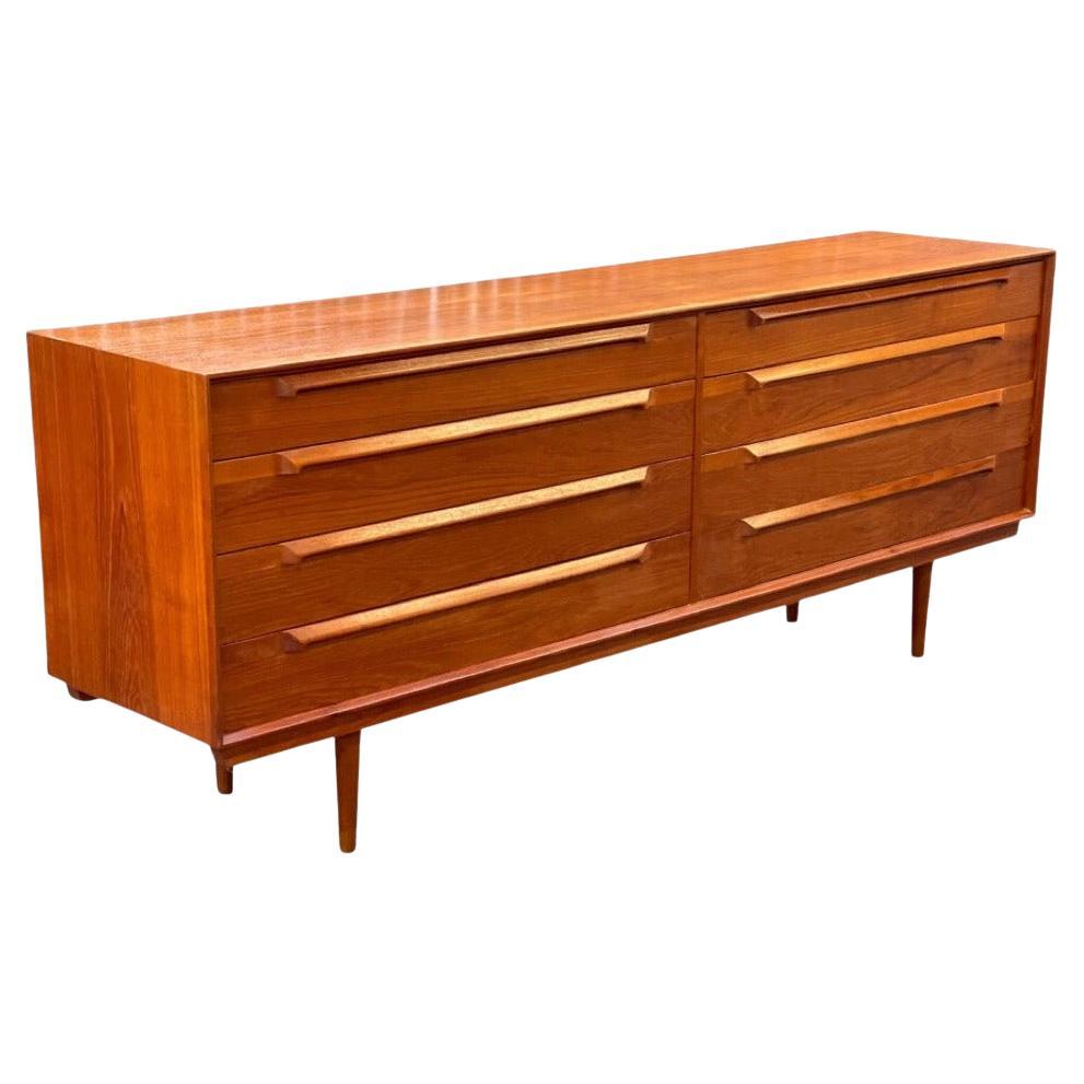 Imported Vintage Danish Modern Solid Teak 8 Drawer Dresser Dovetail Drawers