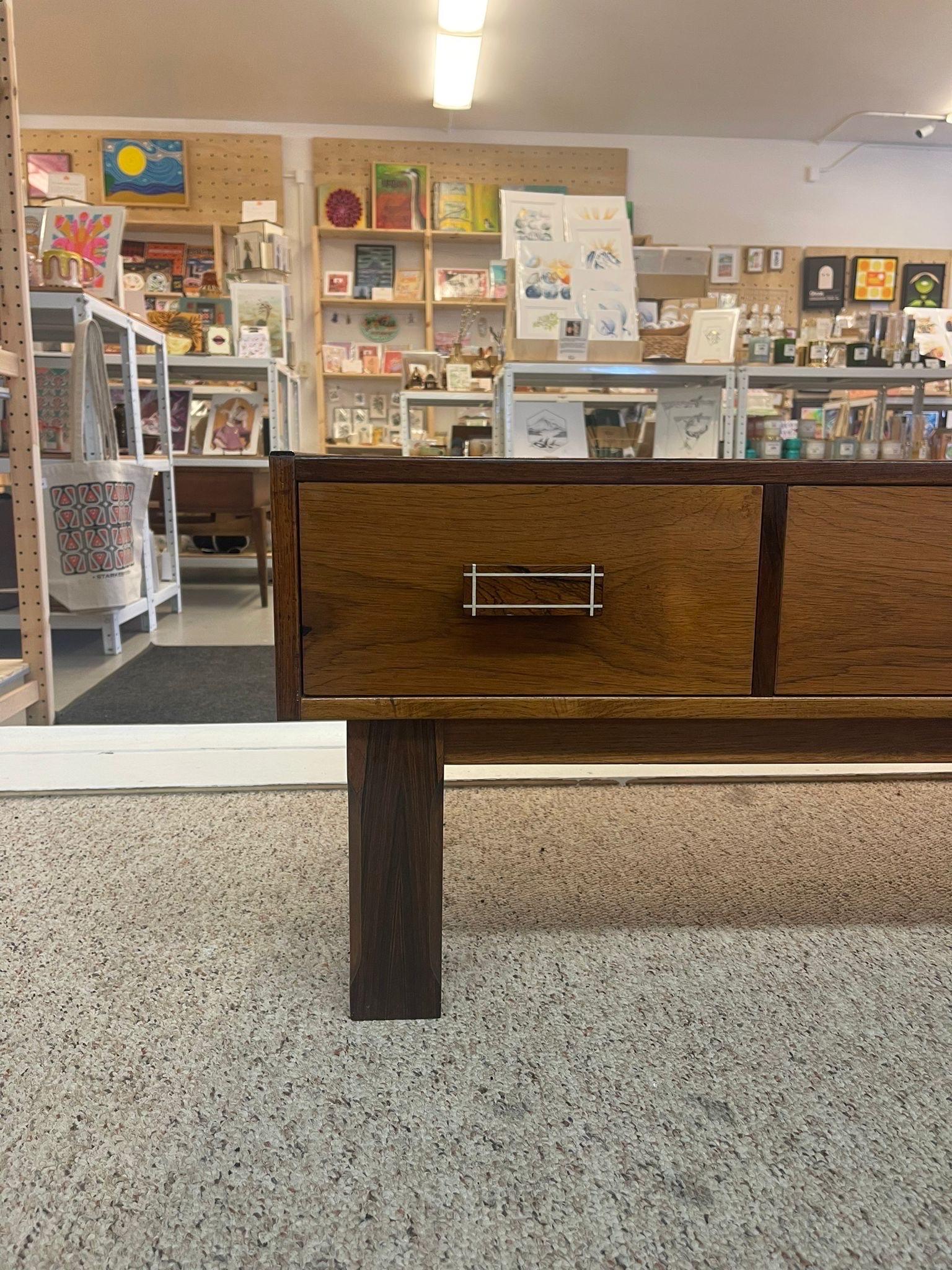 Imported Vintage Danish Modern Walnut Toned Low Console Coffee Table  In Good Condition For Sale In Seattle, WA