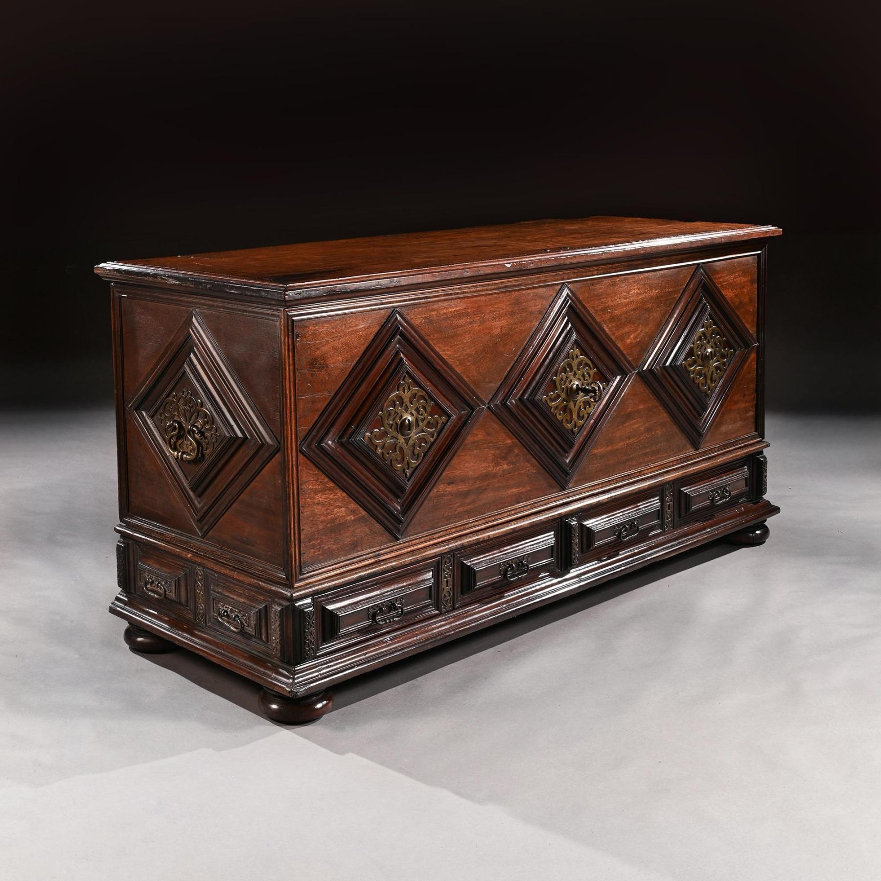 Imposing 17th Century Portuguese Colonial Mahogany and Brass Chest For Sale 3