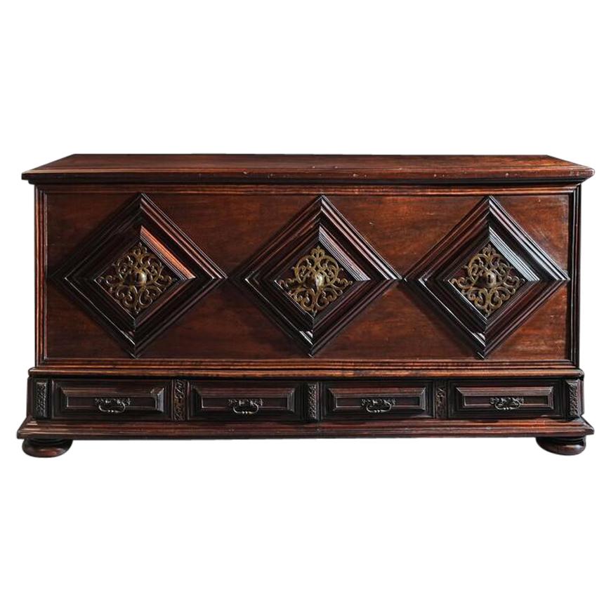Imposing 17th Century Portuguese Colonial Mahogany and Brass Chest For Sale