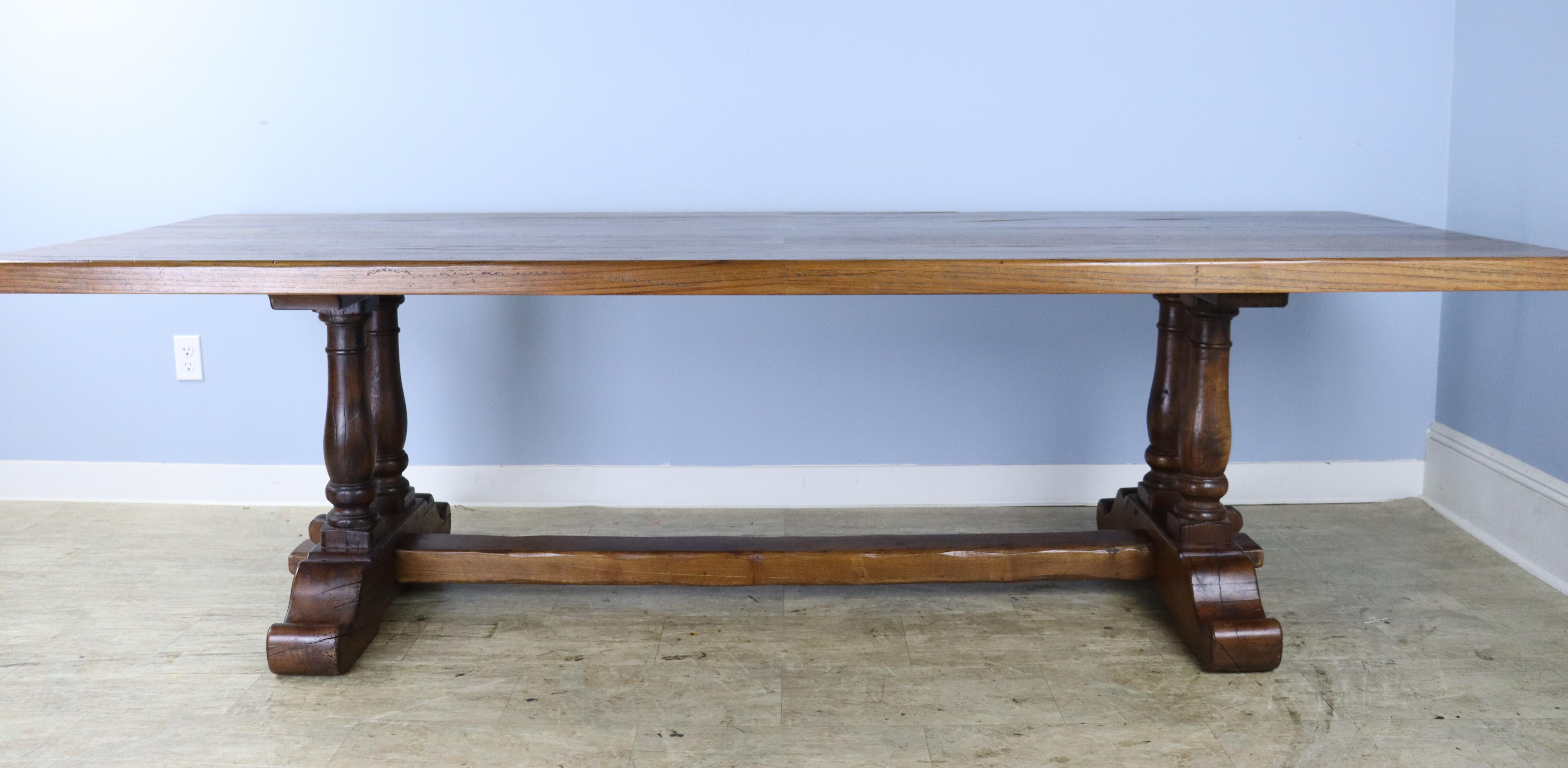 French Imposing 19th Century Oak Dining Table with Double Barrel Supports For Sale