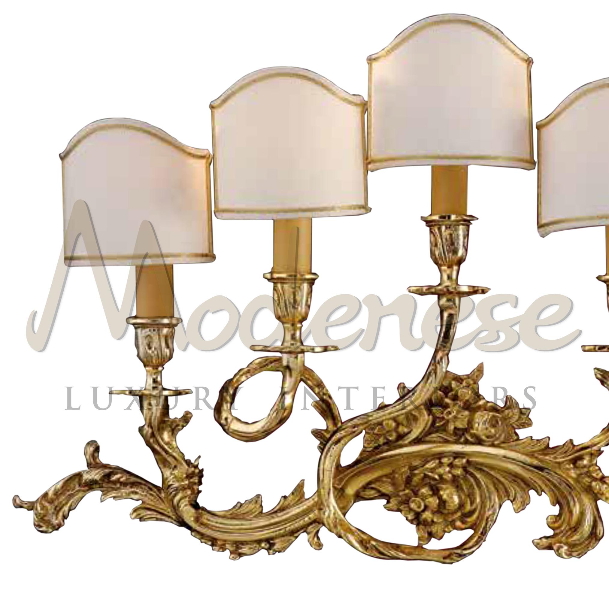 Italian Imposing 24kt Antique Gold Plated 5 Lights Wall Lamp Paired with Fine Shade For Sale