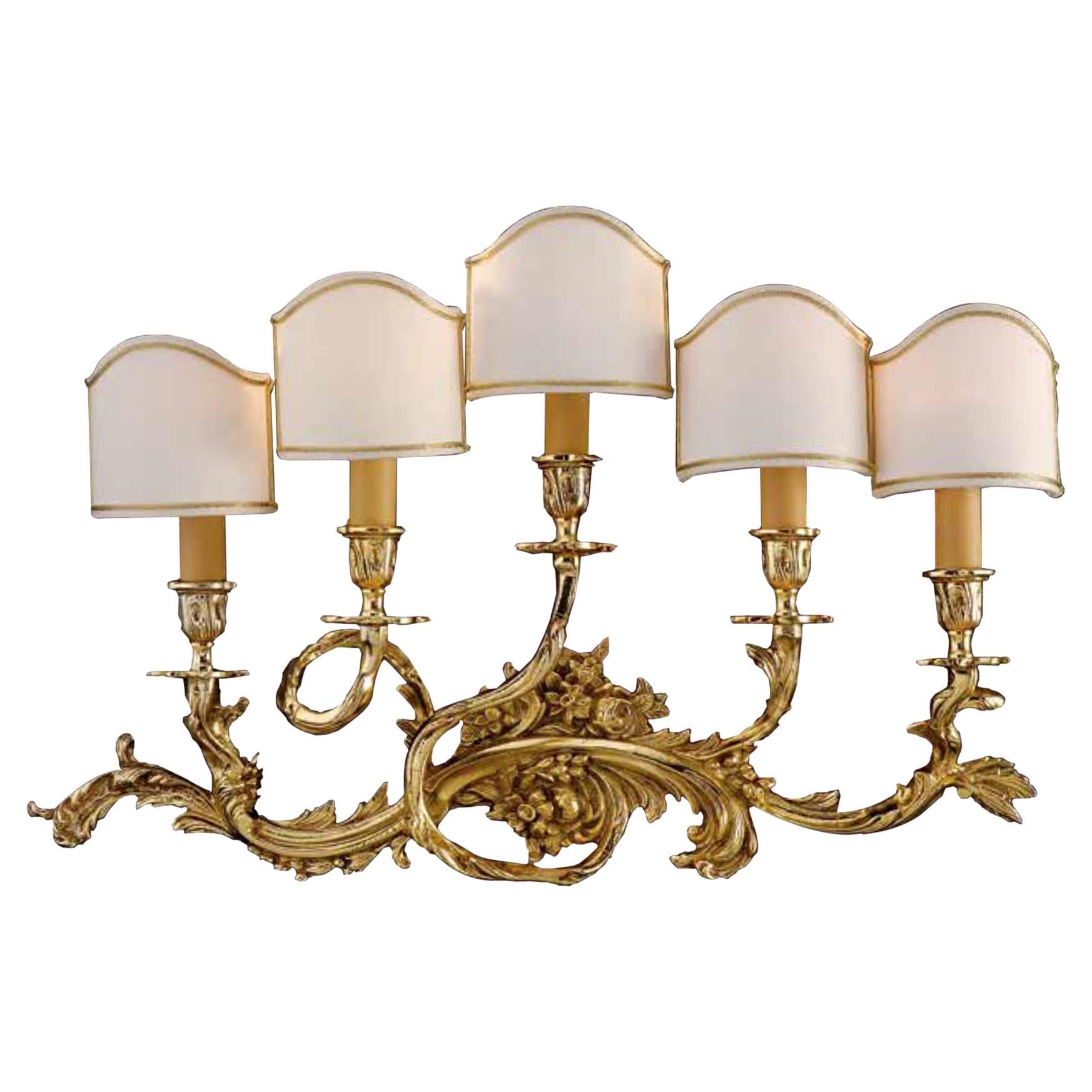 Imposing 24kt Antique Gold Plated 5 Lights Wall Lamp Paired with Fine Shade For Sale