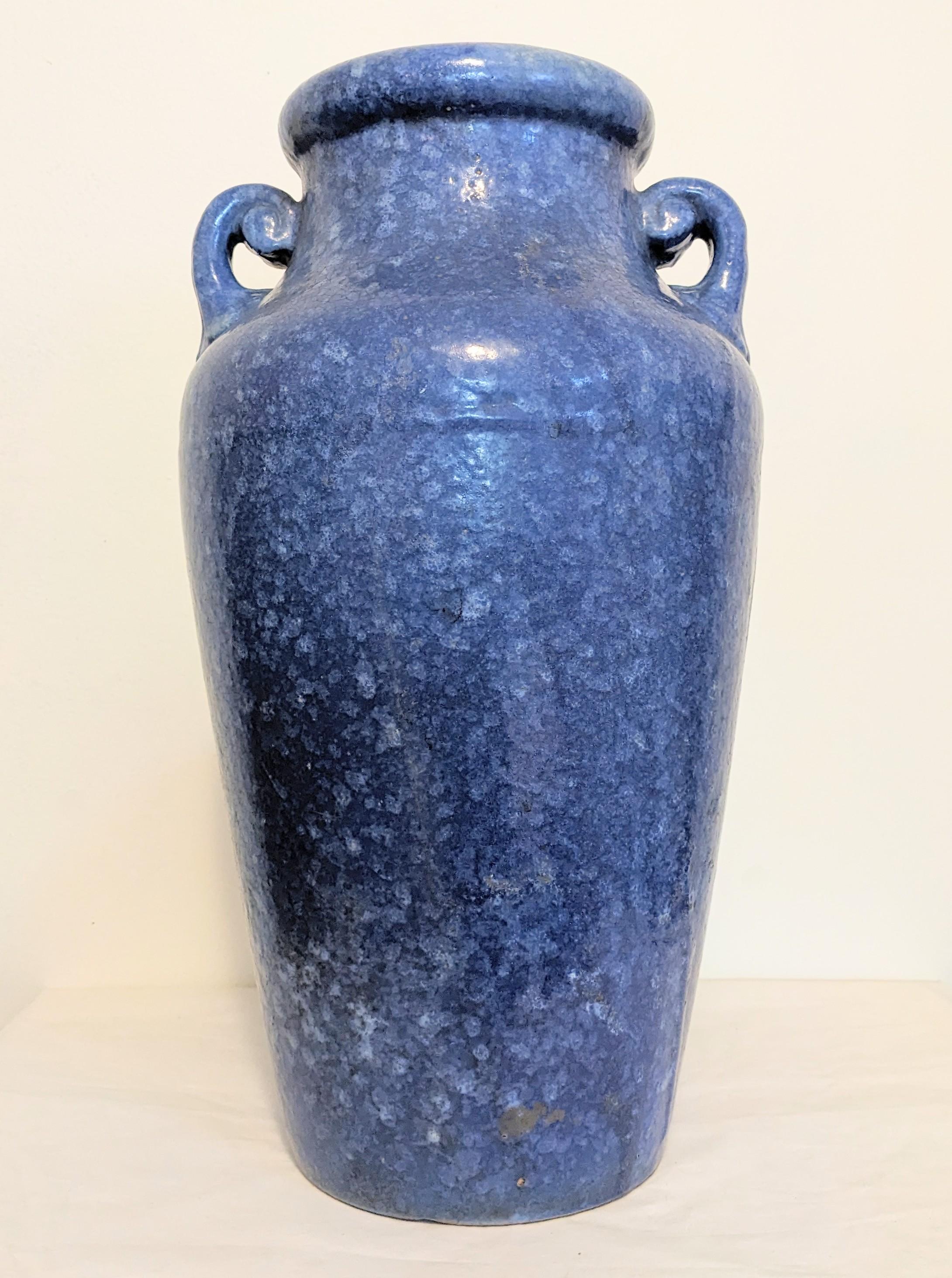 Imposing Weller Brush Art McCoy vase in mottled blues circa 1930's. Unusual large size with decorative spiral 