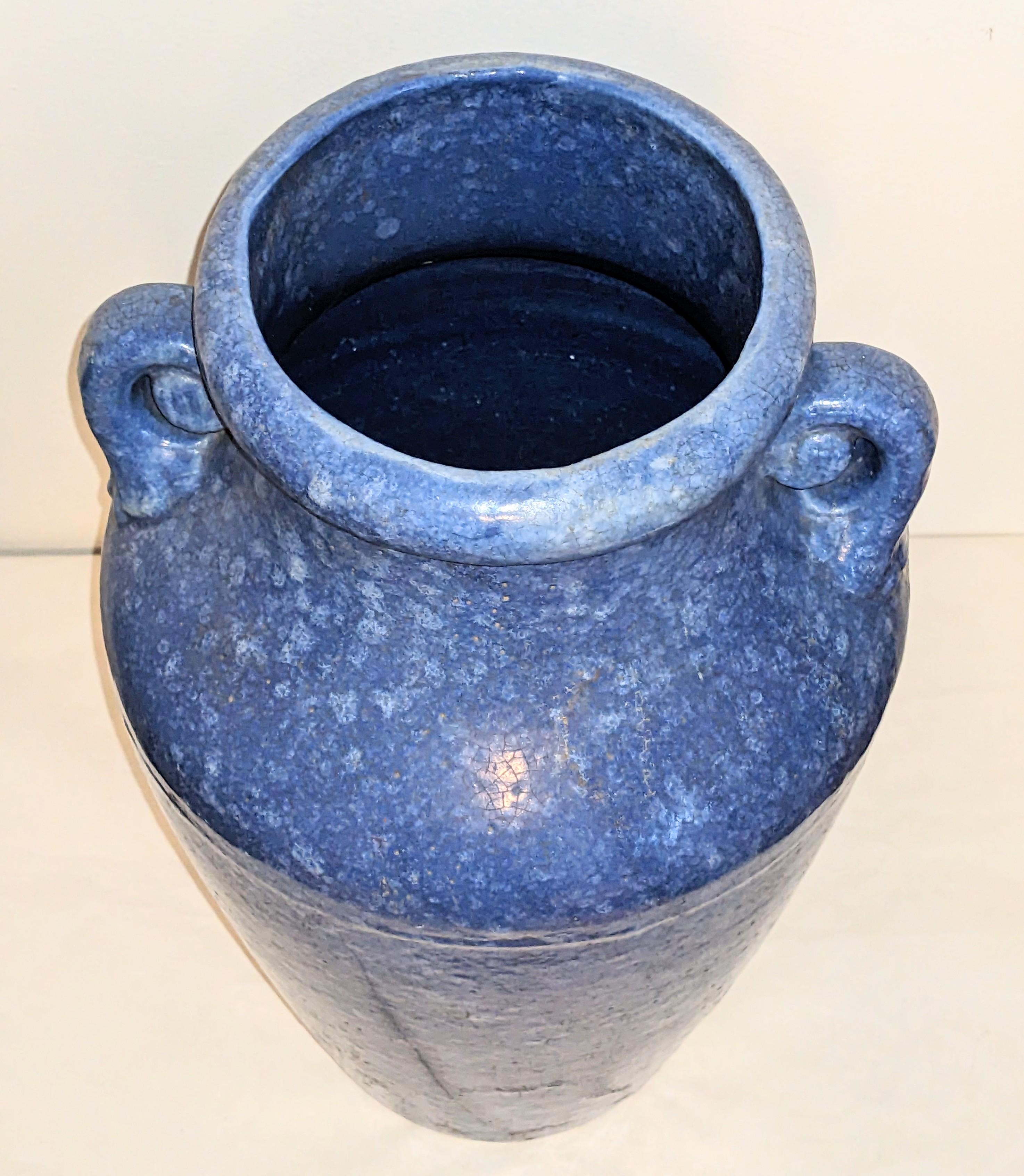 Arts and Crafts Imposing Art Deco Brush McCoy Mottled Blue Vase For Sale