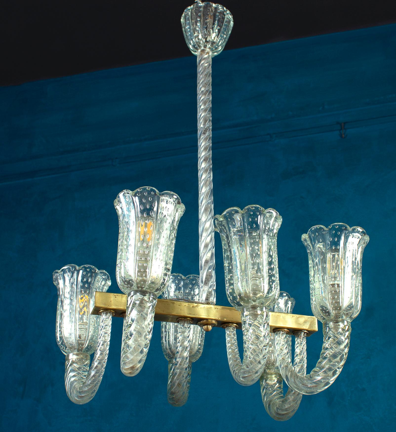 Very fine and rare six arm Art Deco chandelier with light green sommerso Murano glass by Barovier & Toso . 
Six E27 light bulbs.