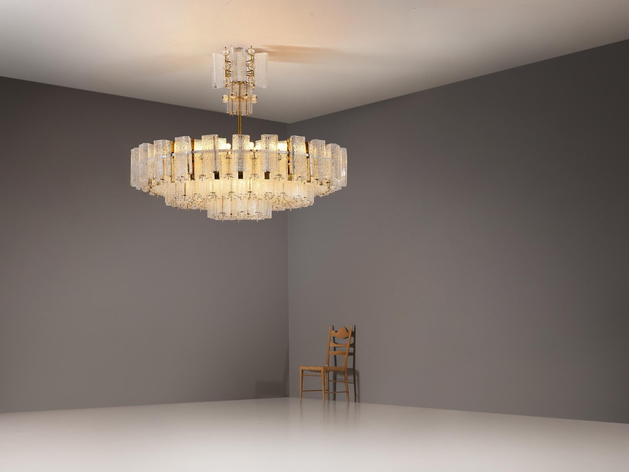 European Imposing Chandelier in Textured Glass and Brass 5.7 feet  For Sale