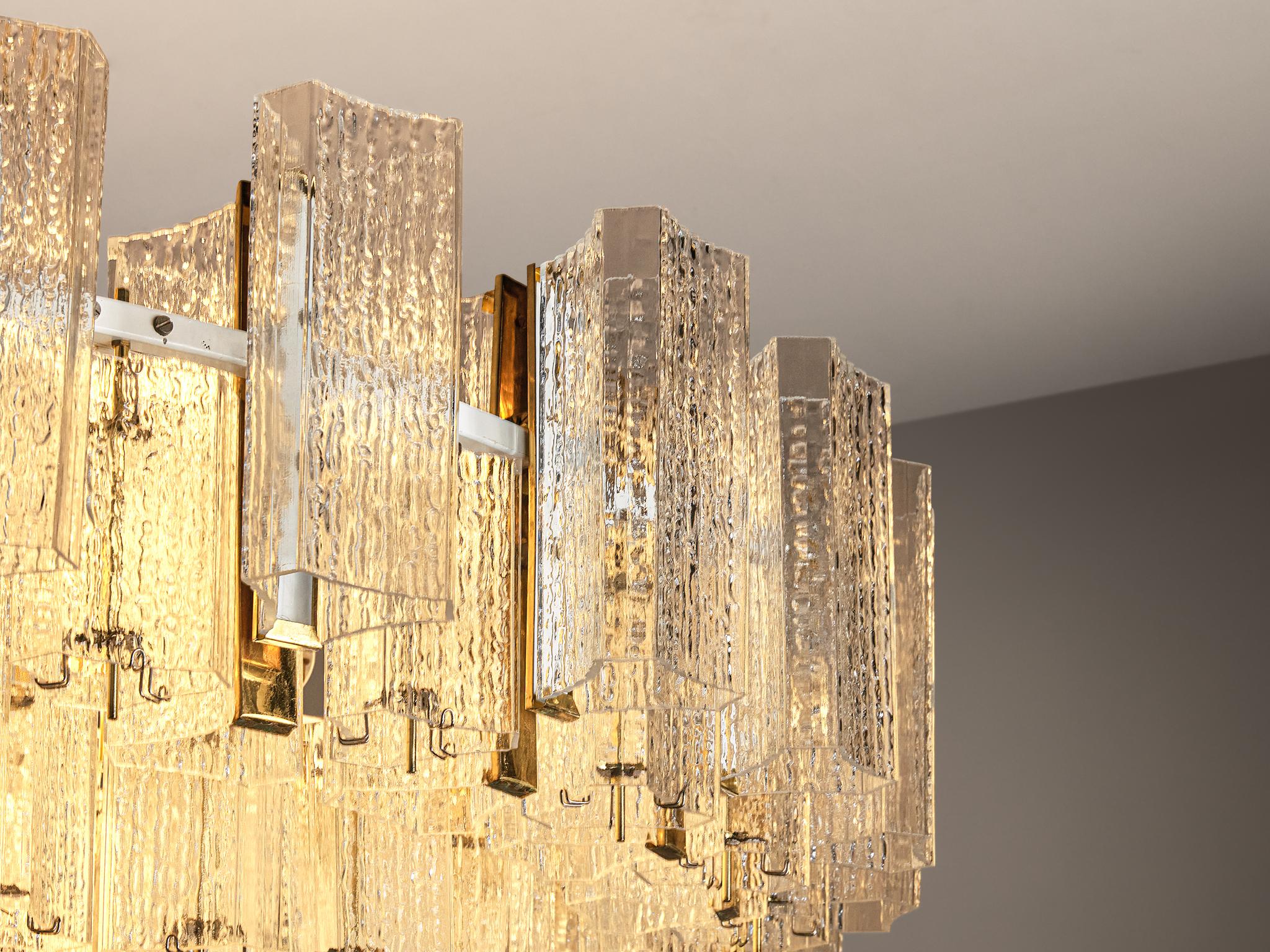 Imposing Chandelier in Textured Glass and Brass 5.7 feet  In Good Condition For Sale In Waalwijk, NL
