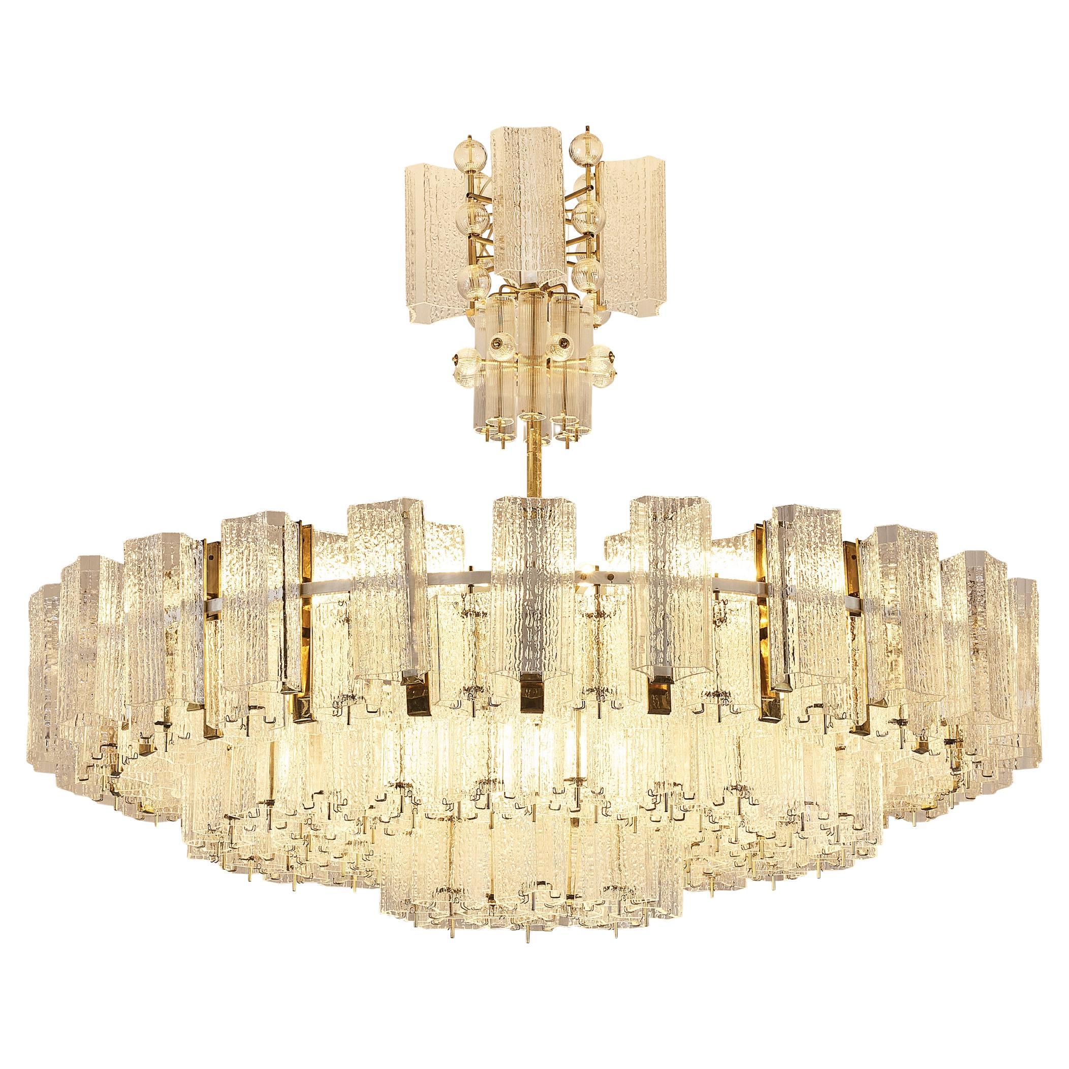 Imposing Chandelier in Textured Glass and Brass 5.7 feet  For Sale