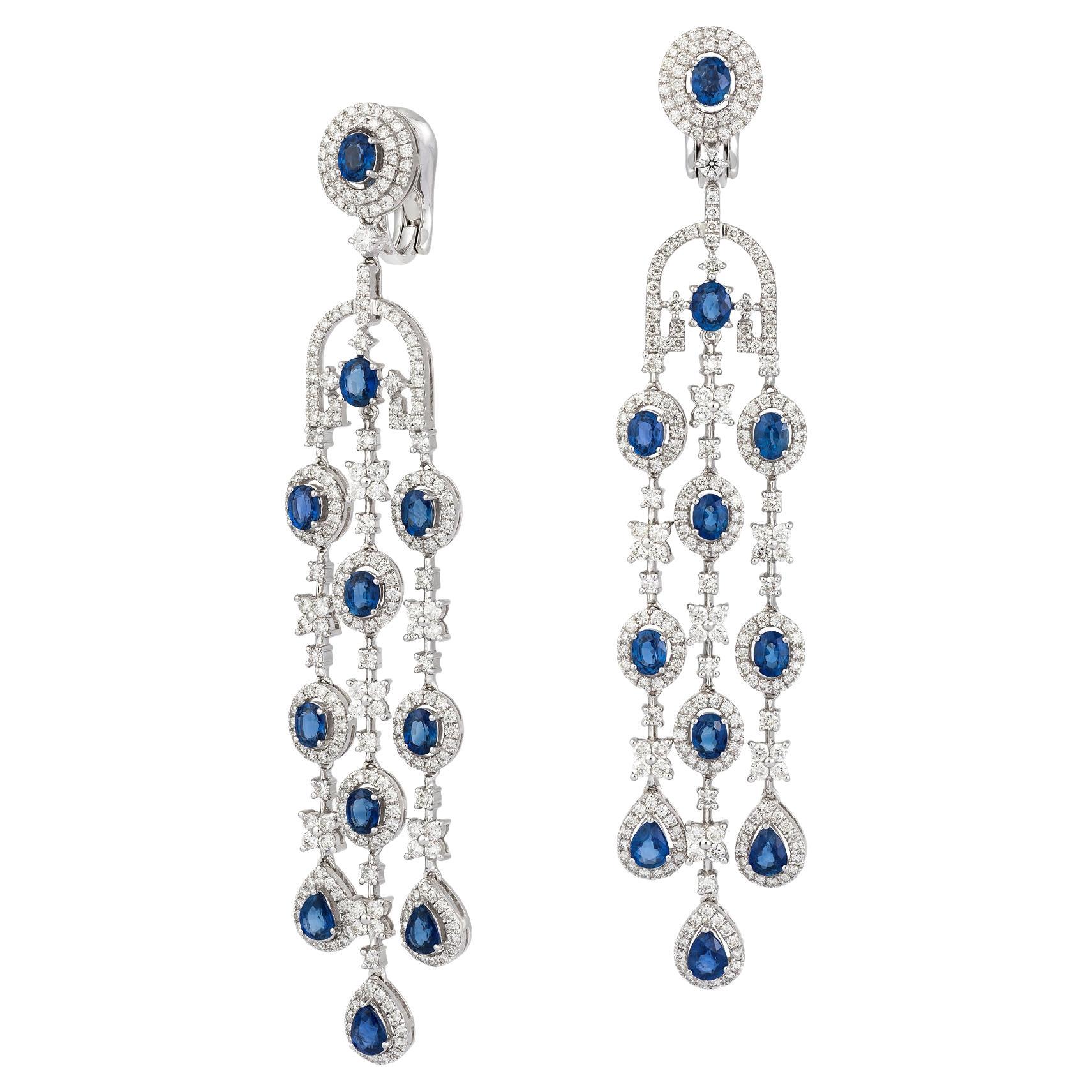 Imposing Dangle White Gold 18K Blue Sapphire Earrings Diamond for Her For Sale
