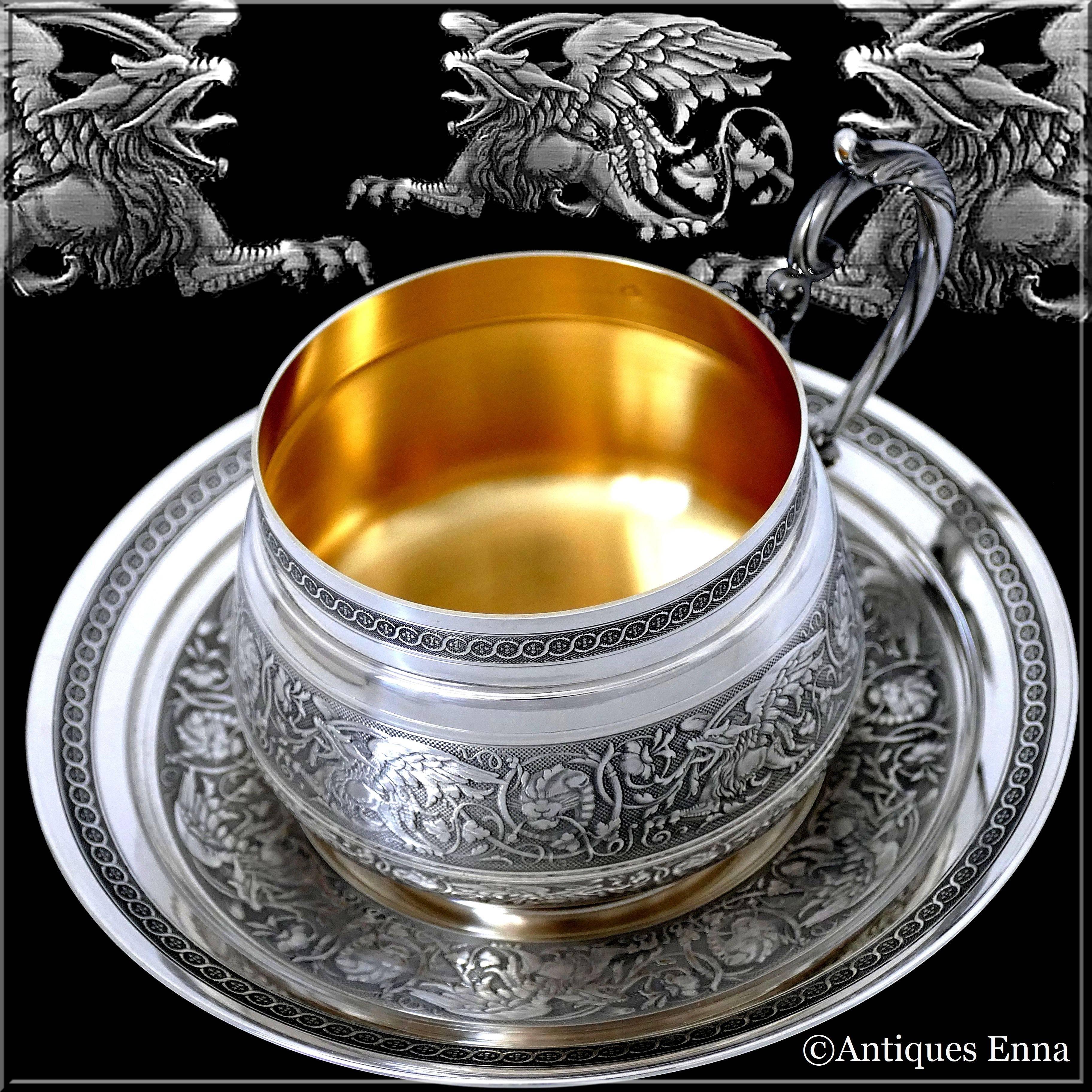 Head of Minerve 1 st titre for 950/1000 French sterling silver vermeil guarantee. The quality of the gold used to recover sterling silver is a minimum of 750 mils (18-karat).

Rare and large French sterling silver and 18-karat gold chocolate, tea,
