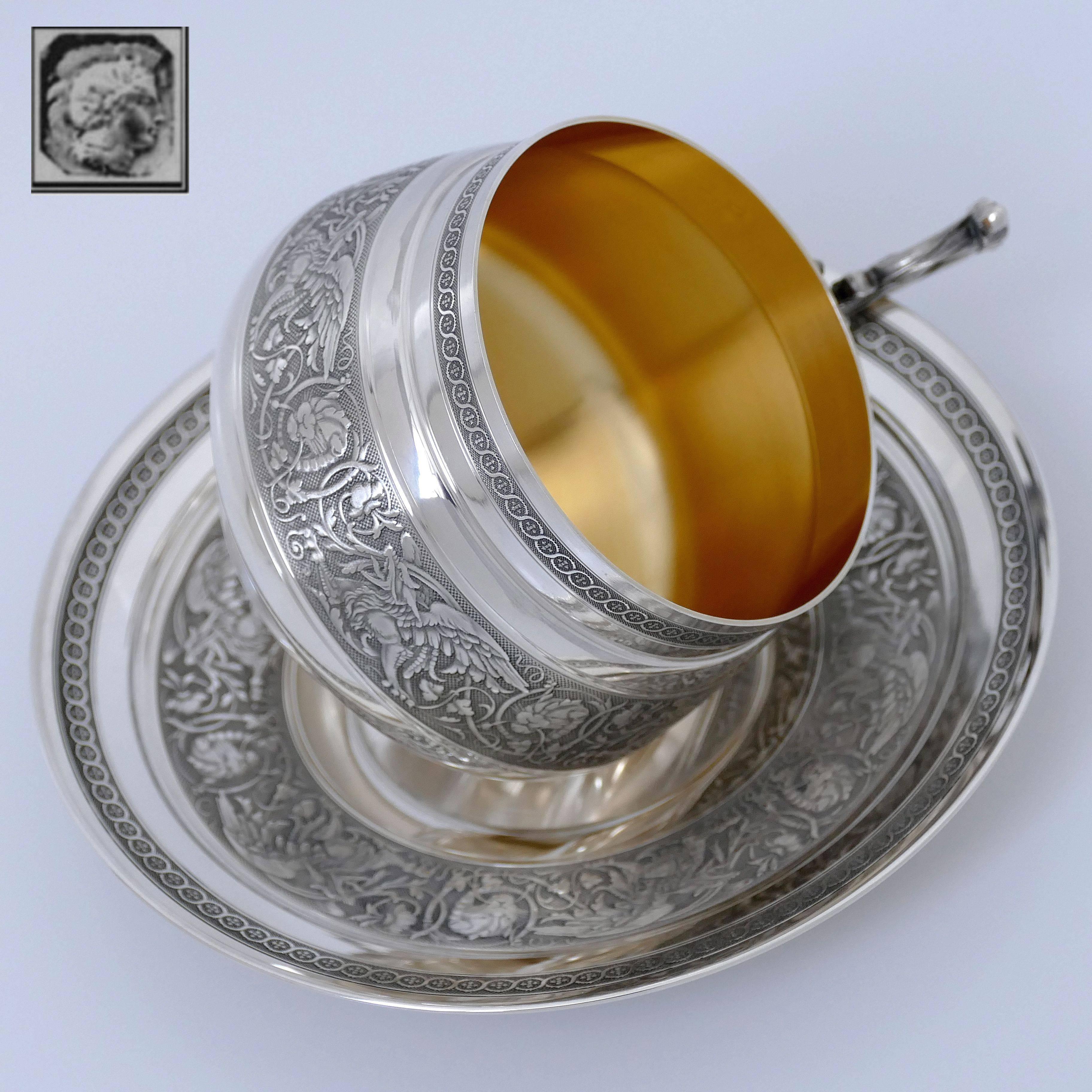 Renaissance Imposing French Sterling Silver 18-Karat Gold Chocolate Tea Cup & Saucer, Dragon
