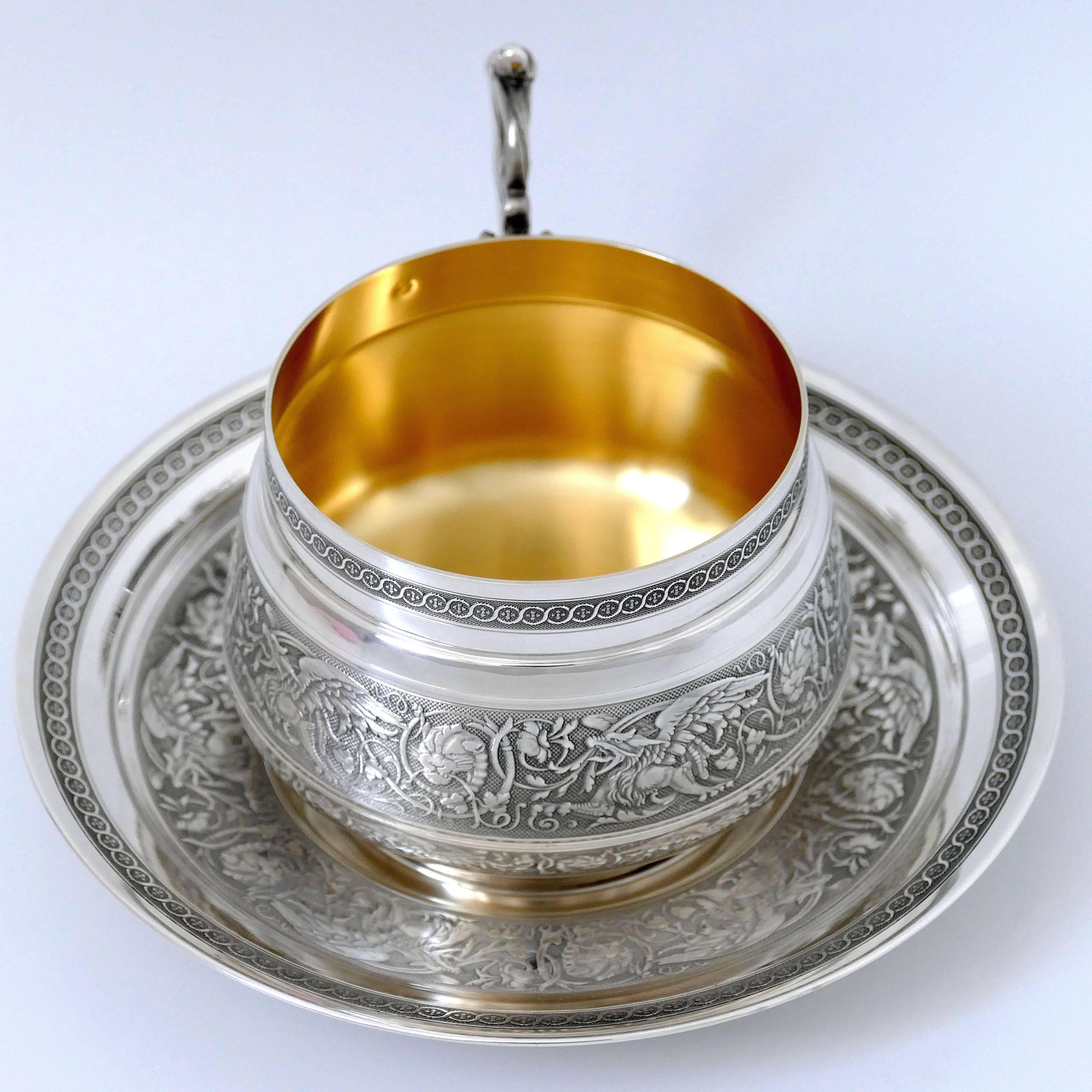 Late 19th Century Imposing French Sterling Silver 18-Karat Gold Chocolate Tea Cup & Saucer, Dragon