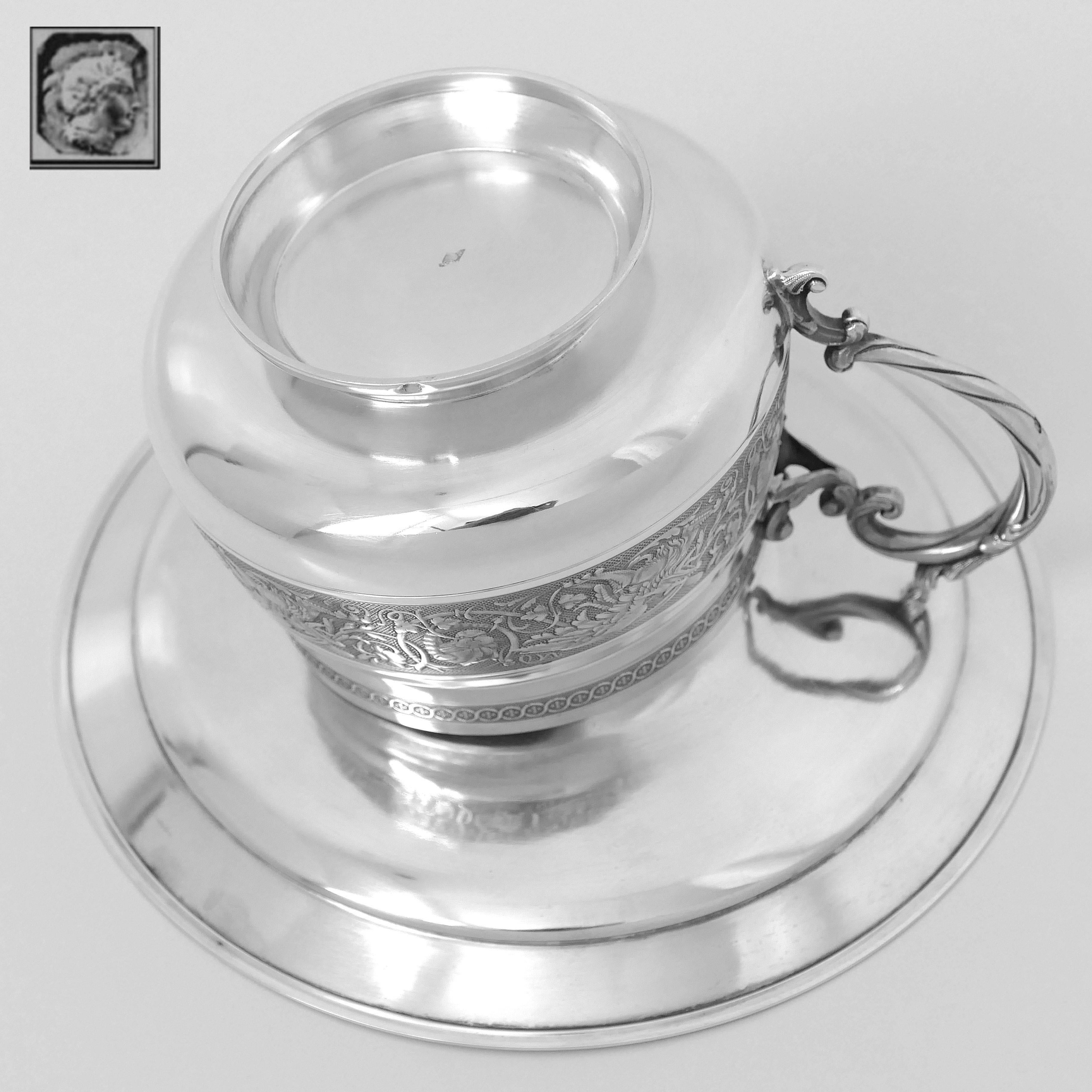 Imposing French Sterling Silver 18-Karat Gold Chocolate Tea Cup & Saucer, Dragon 1