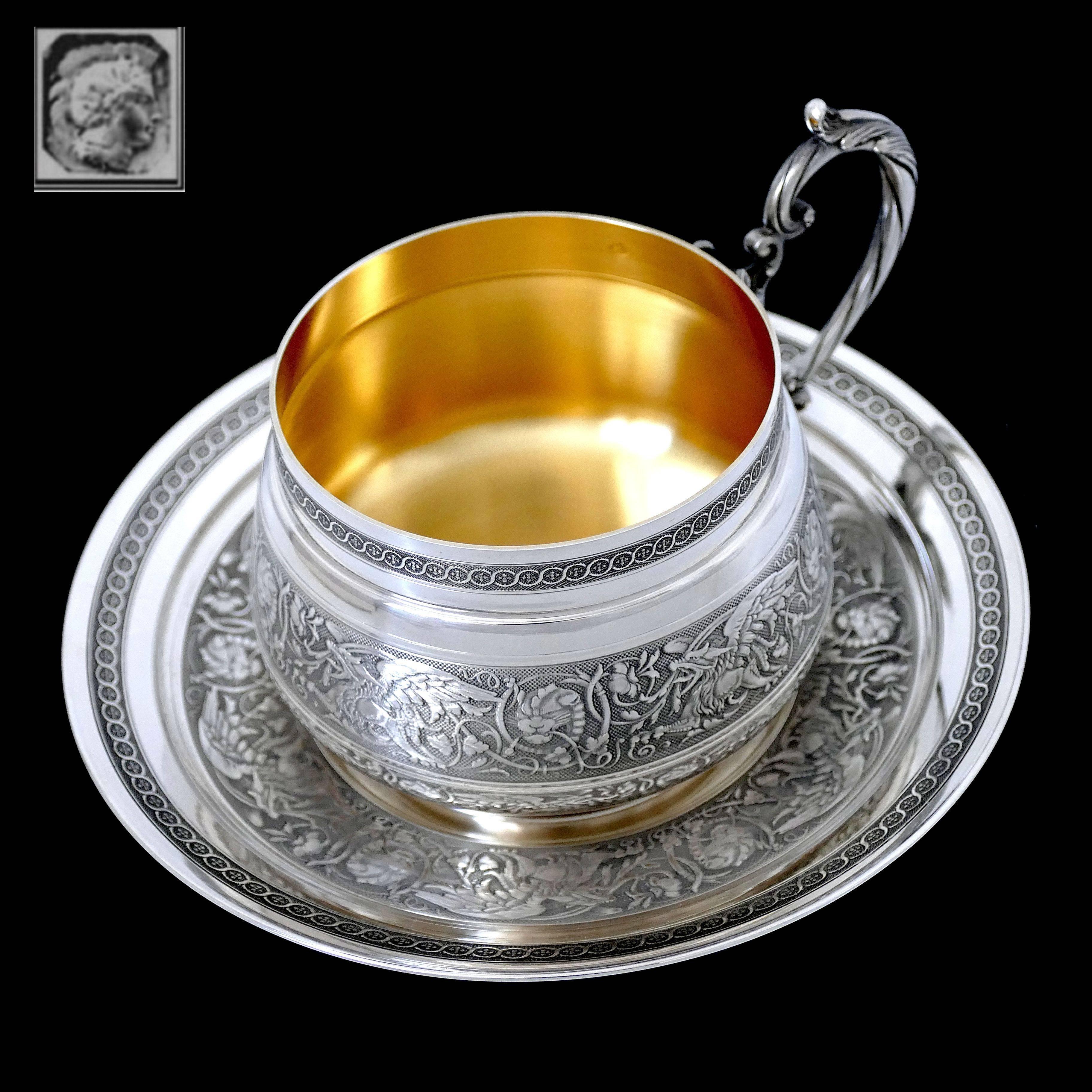 Imposing French Sterling Silver 18-Karat Gold Chocolate Tea Cup & Saucer, Dragon 4