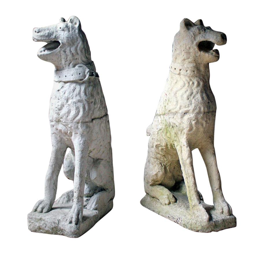 Imposing Large Pair of 16th Century Style Cast Stone Seated Dogs
