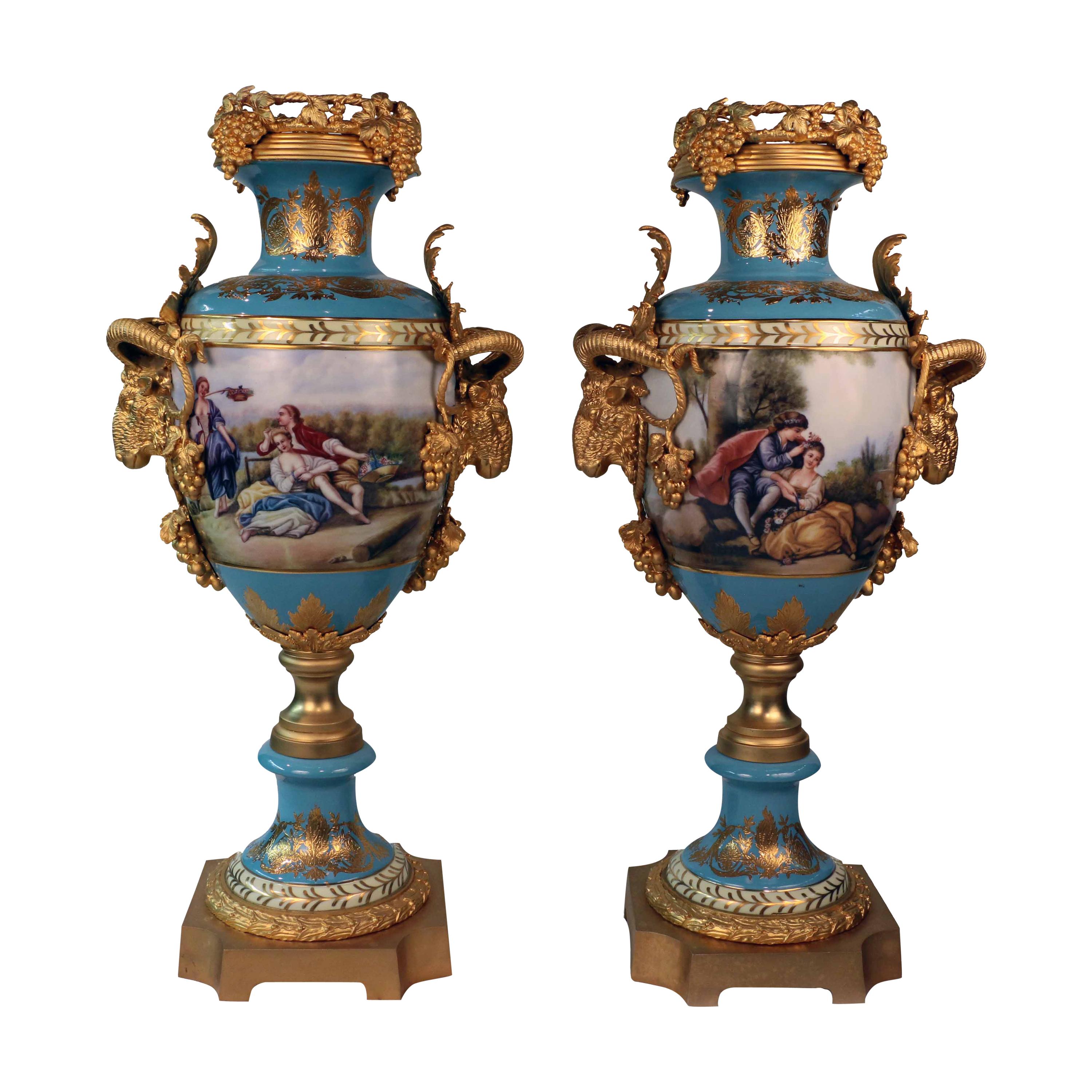 Imposing Louis XVI Style Pair of Sèvres Style Vases For Sale