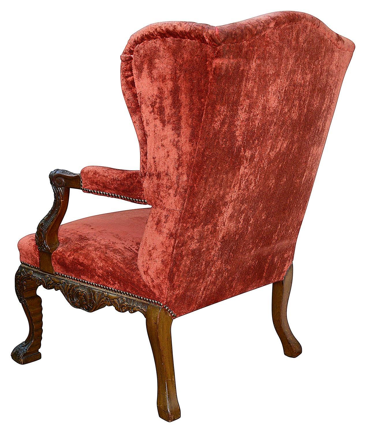 Hand-Carved Imposing Pair 18th Century Georgian Style Gainsborough Wing Arm Chairs For Sale