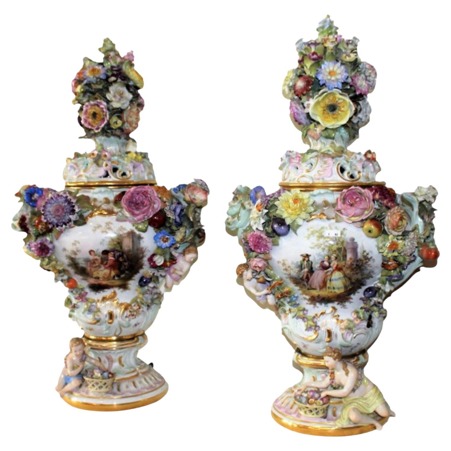 Imposing Pair of Amphora in German Meissen Porcelain, 18th Century