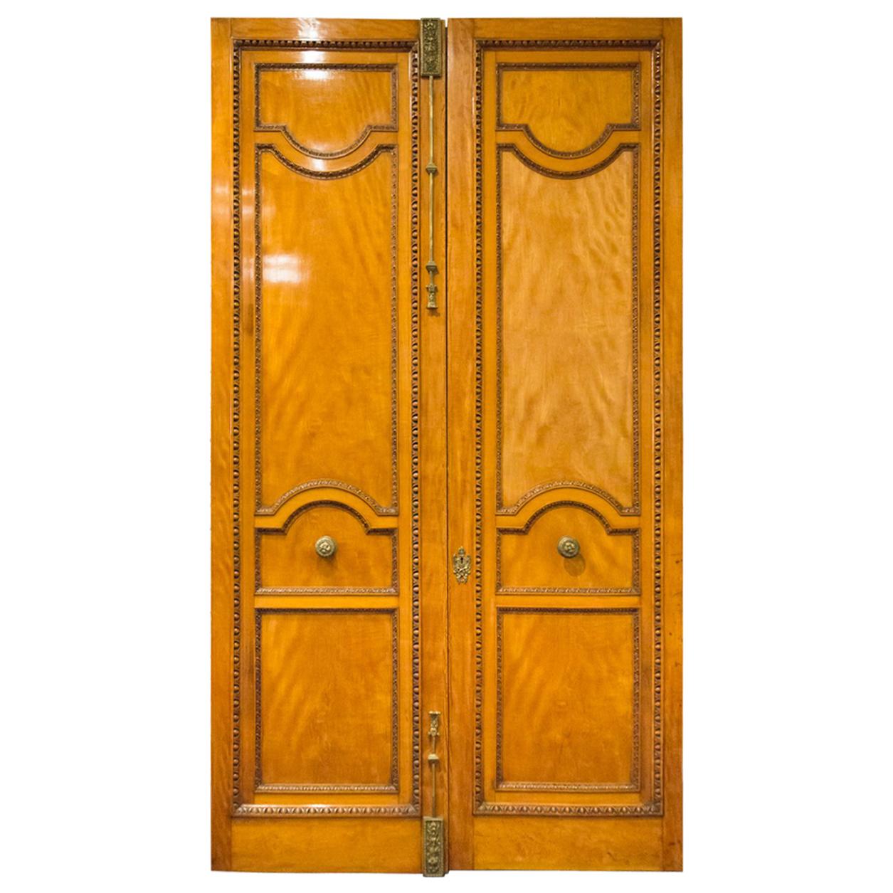 Imposing Pair of Carved Satin Wood Doors For Sale