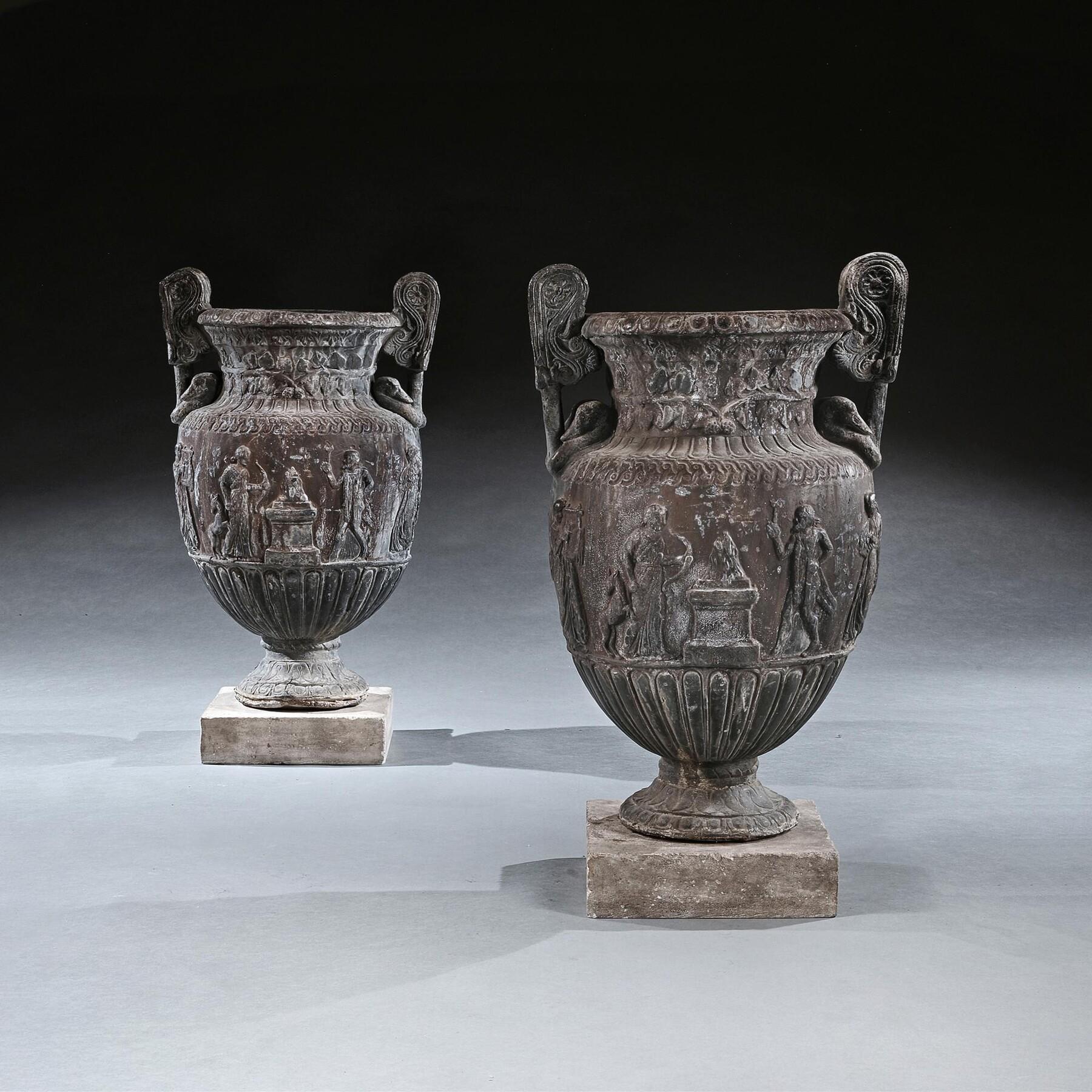 Imposing Pair of French Ornamental Lead Vases Based on the Sosibios Vase Early 2 3