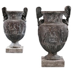 Imposing Pair of French Ornamental Lead Vases Based on the Sosibios Vase Early 2