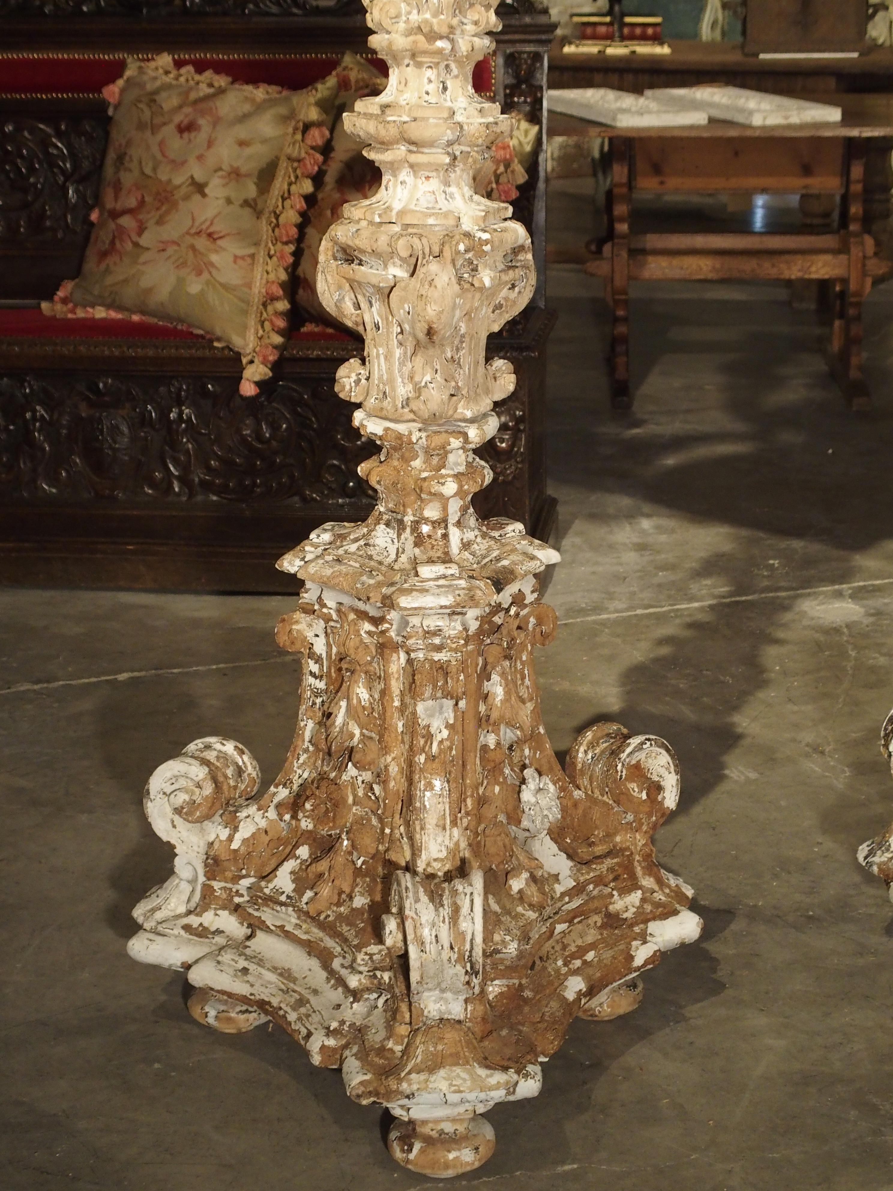 Imposing Pair of Parcel Paint 17th Century Italian Wooden Floor Torcheres (7 ft) 3