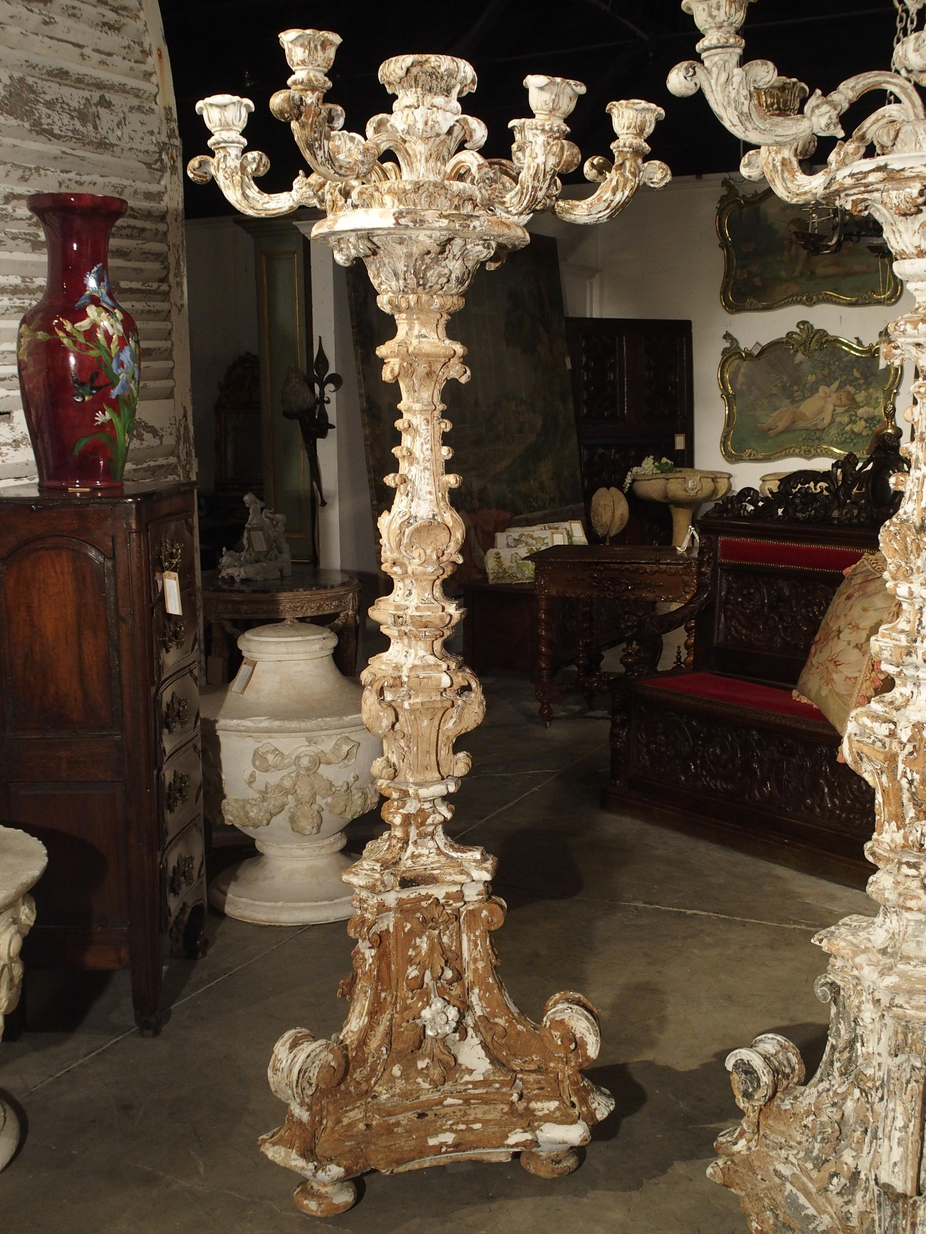 Imposing Pair of Parcel Paint 17th Century Italian Wooden Floor Torcheres (7 ft) 5
