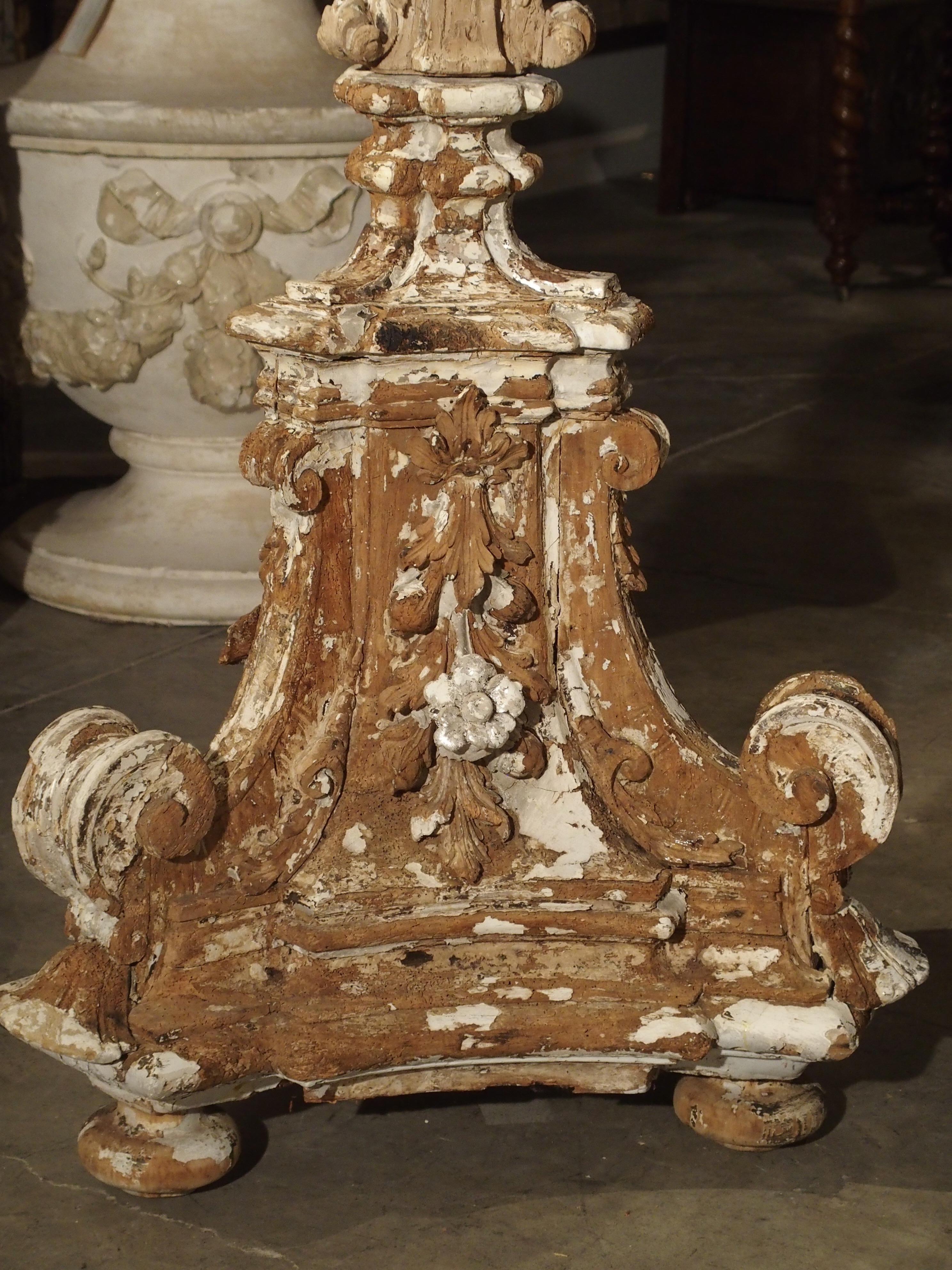 Imposing Pair of Parcel Paint 17th Century Italian Wooden Floor Torcheres (7 ft) 6