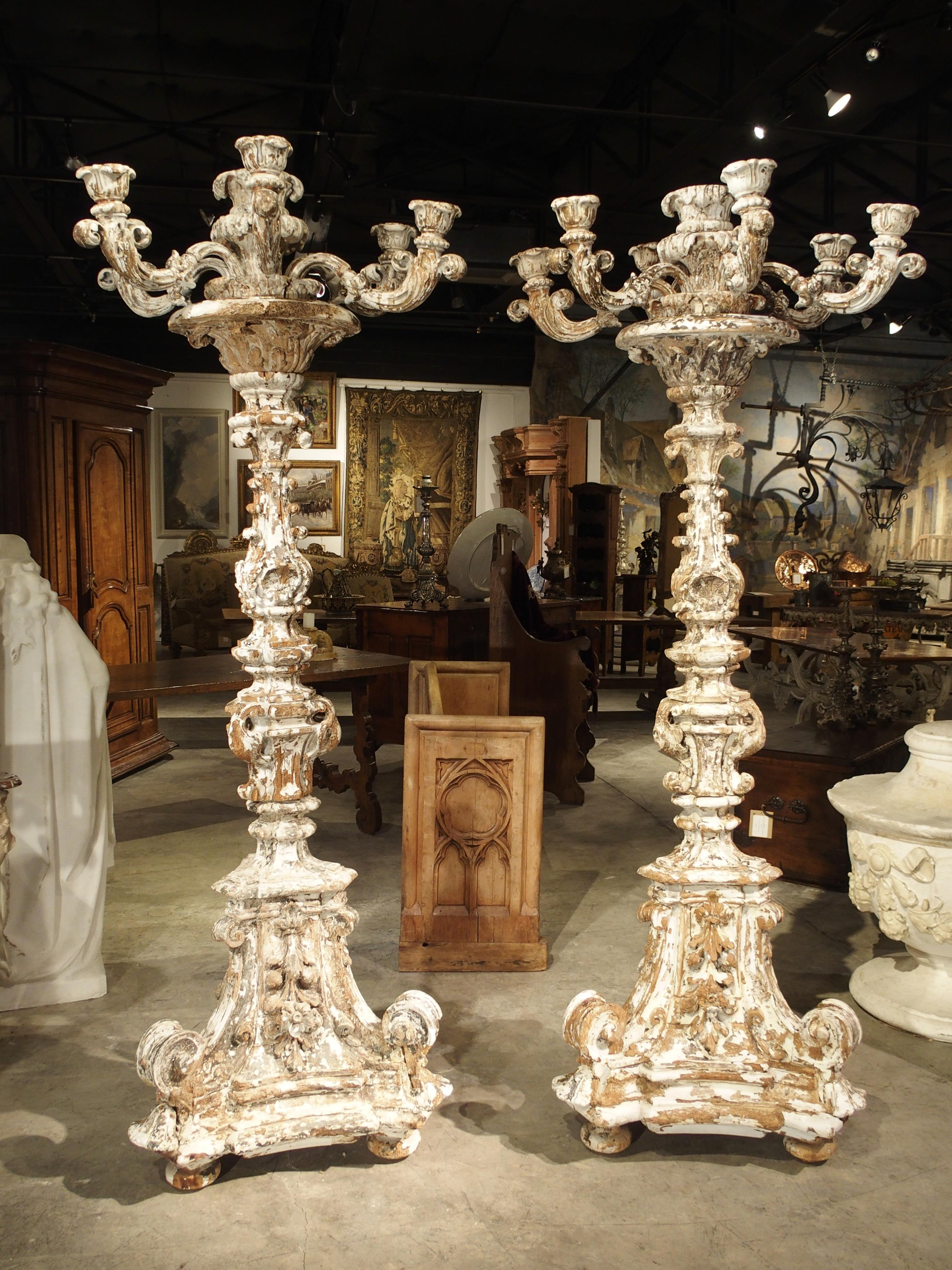 Imposing Pair of Parcel Paint 17th Century Italian Wooden Floor Torcheres (7 ft) 8