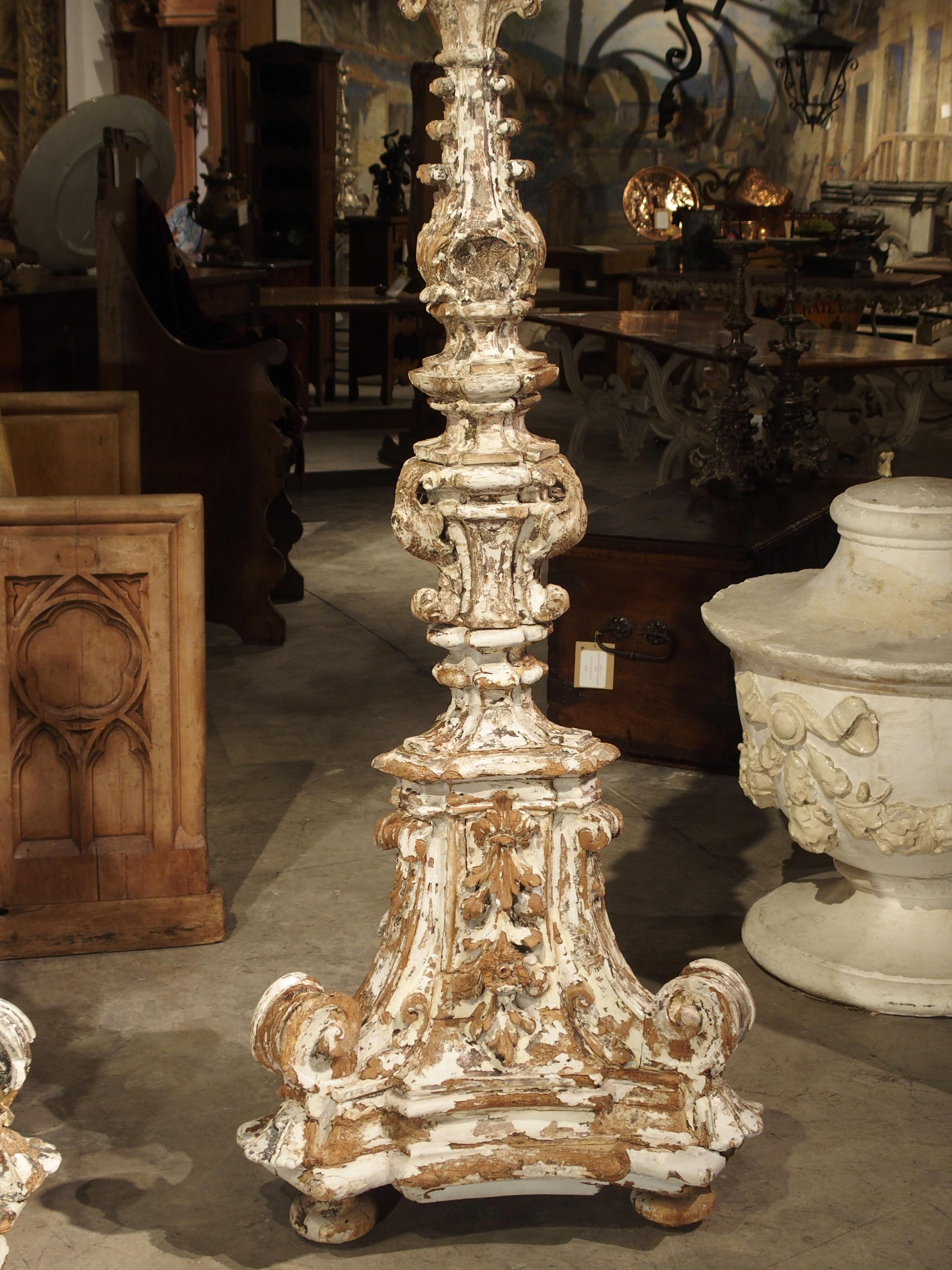 Imposing Pair of Parcel Paint 17th Century Italian Wooden Floor Torcheres (7 ft) 9