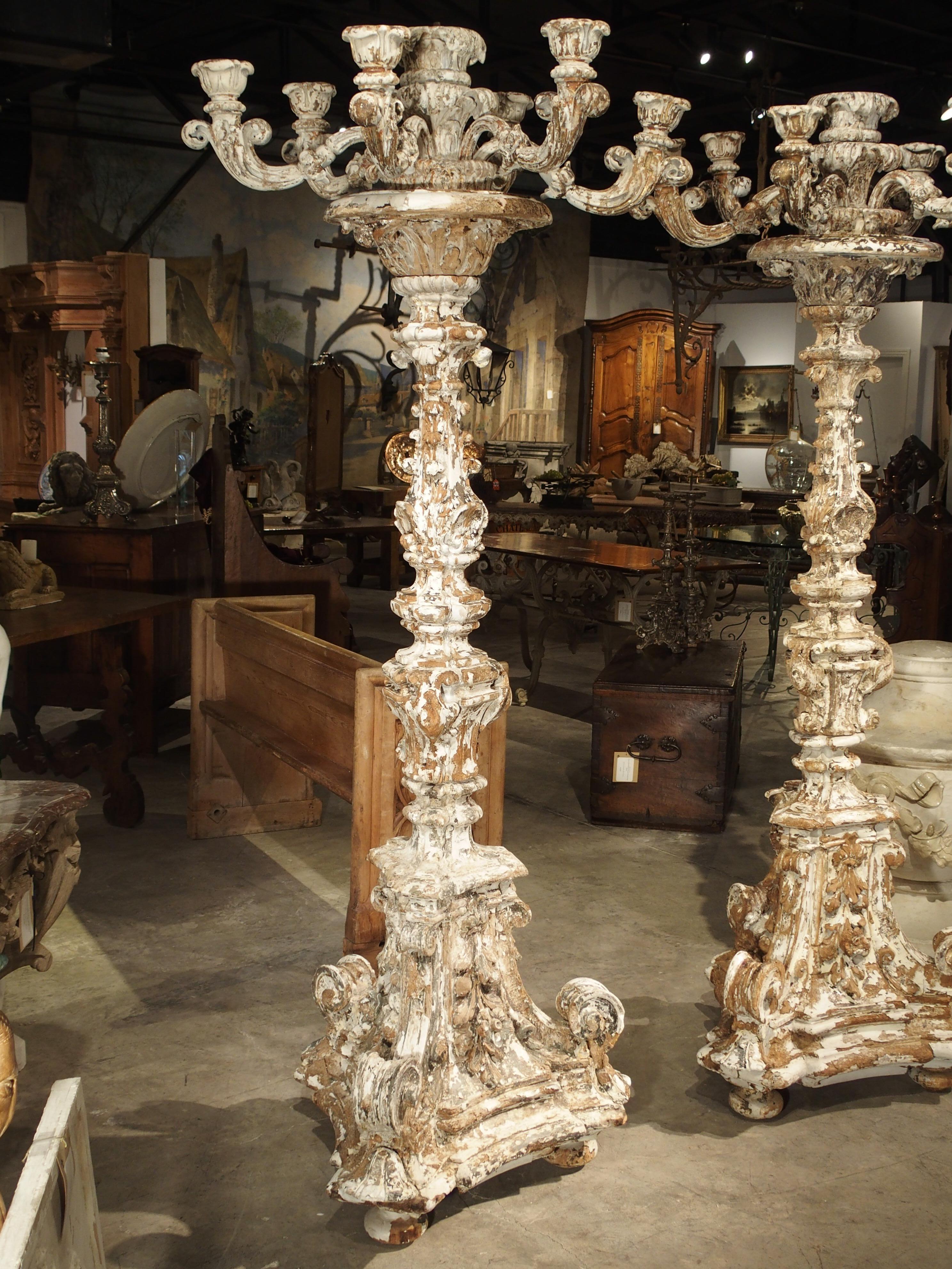 Imposing Pair of Parcel Paint 17th Century Italian Wooden Floor Torcheres (7 ft) 1