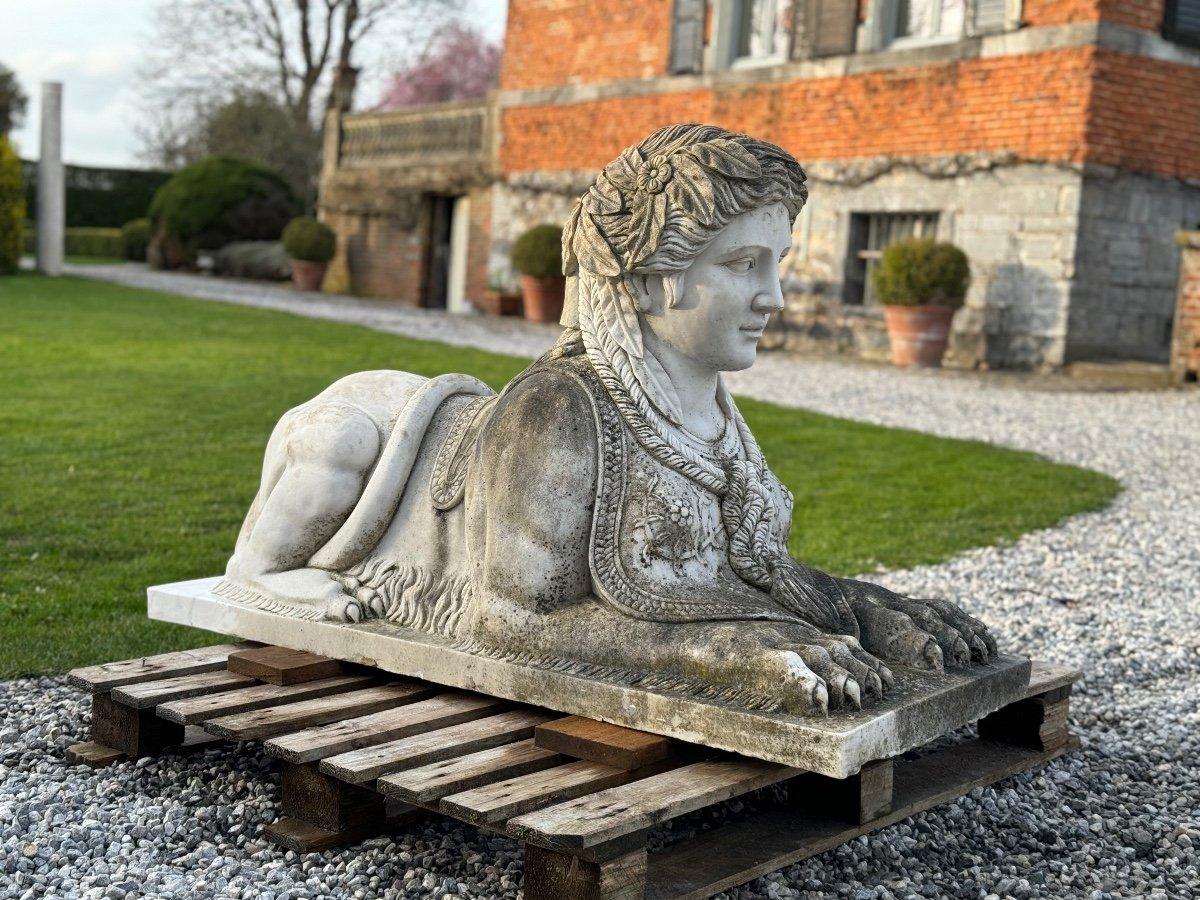 European Imposing Pair Of Sphinxes In White Marble 20th Century For Sale
