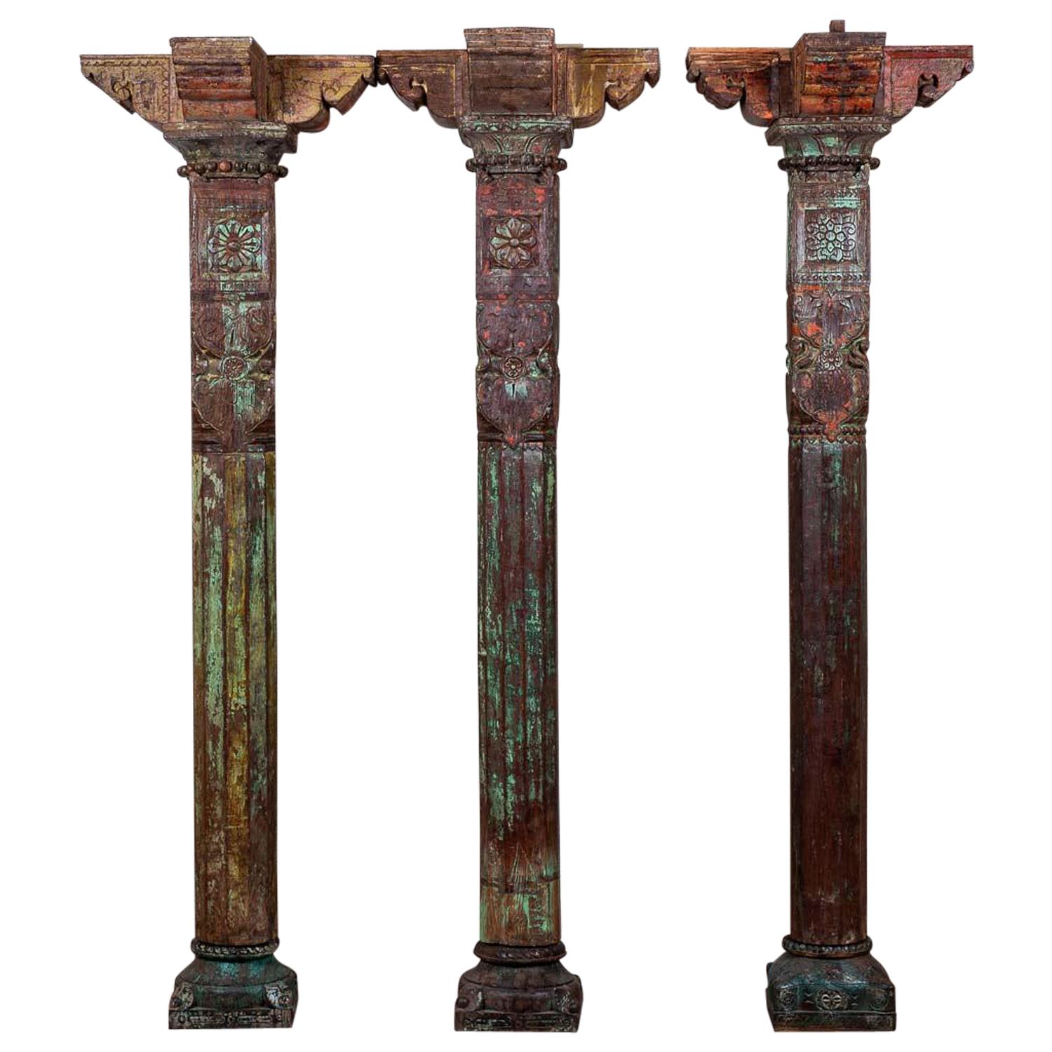 Imposing Reclaimed Teak Pillars with Capitals, 20th Century For Sale