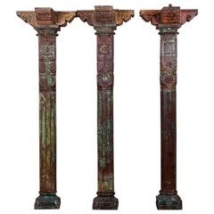 Imposing Reclaimed Teak Pillars with Capitals, 20th Century