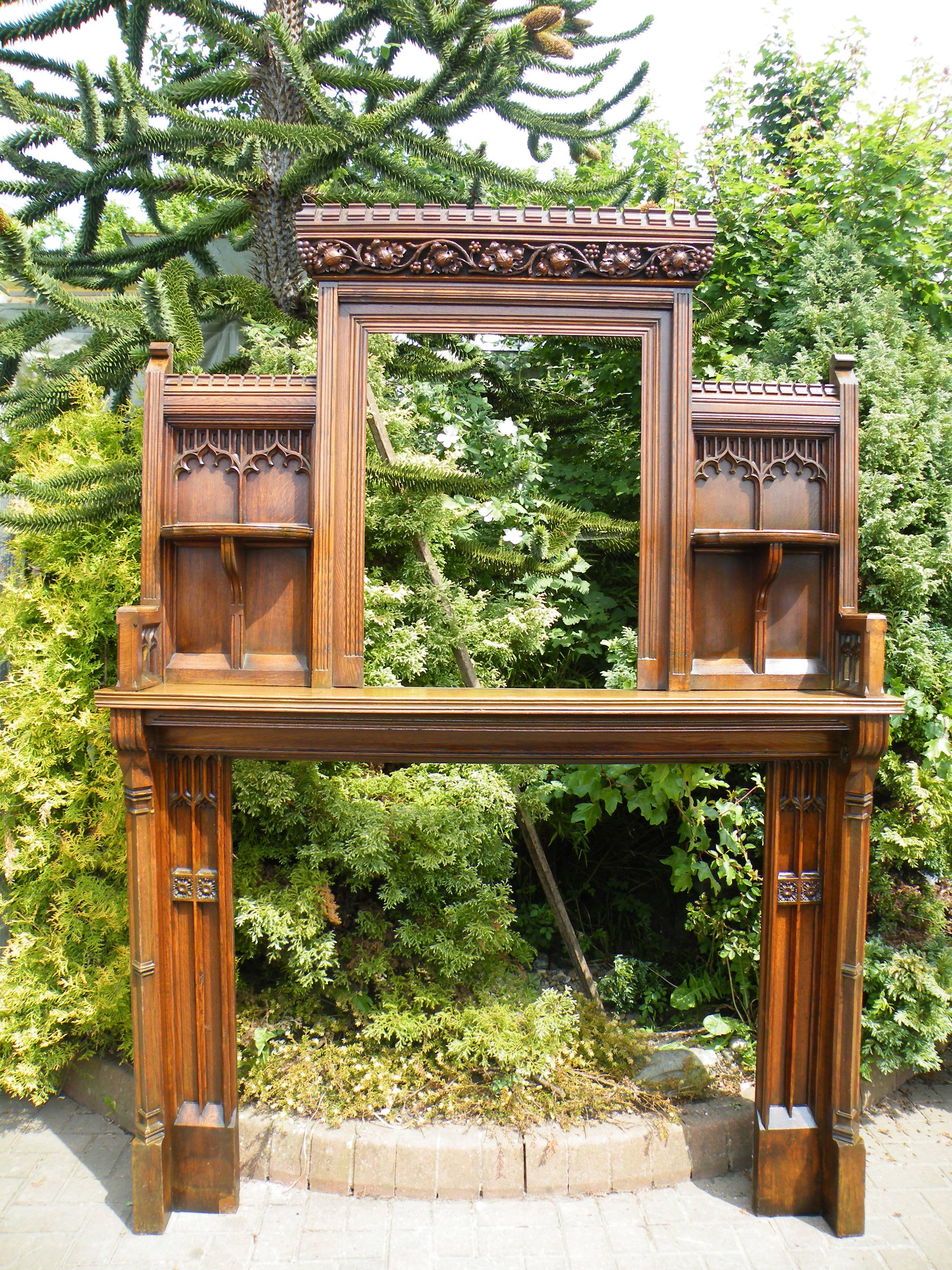 Imposing Reformed Gothic Oak Fireplace Mantel Surround 1870s with Mirror For Sale 12