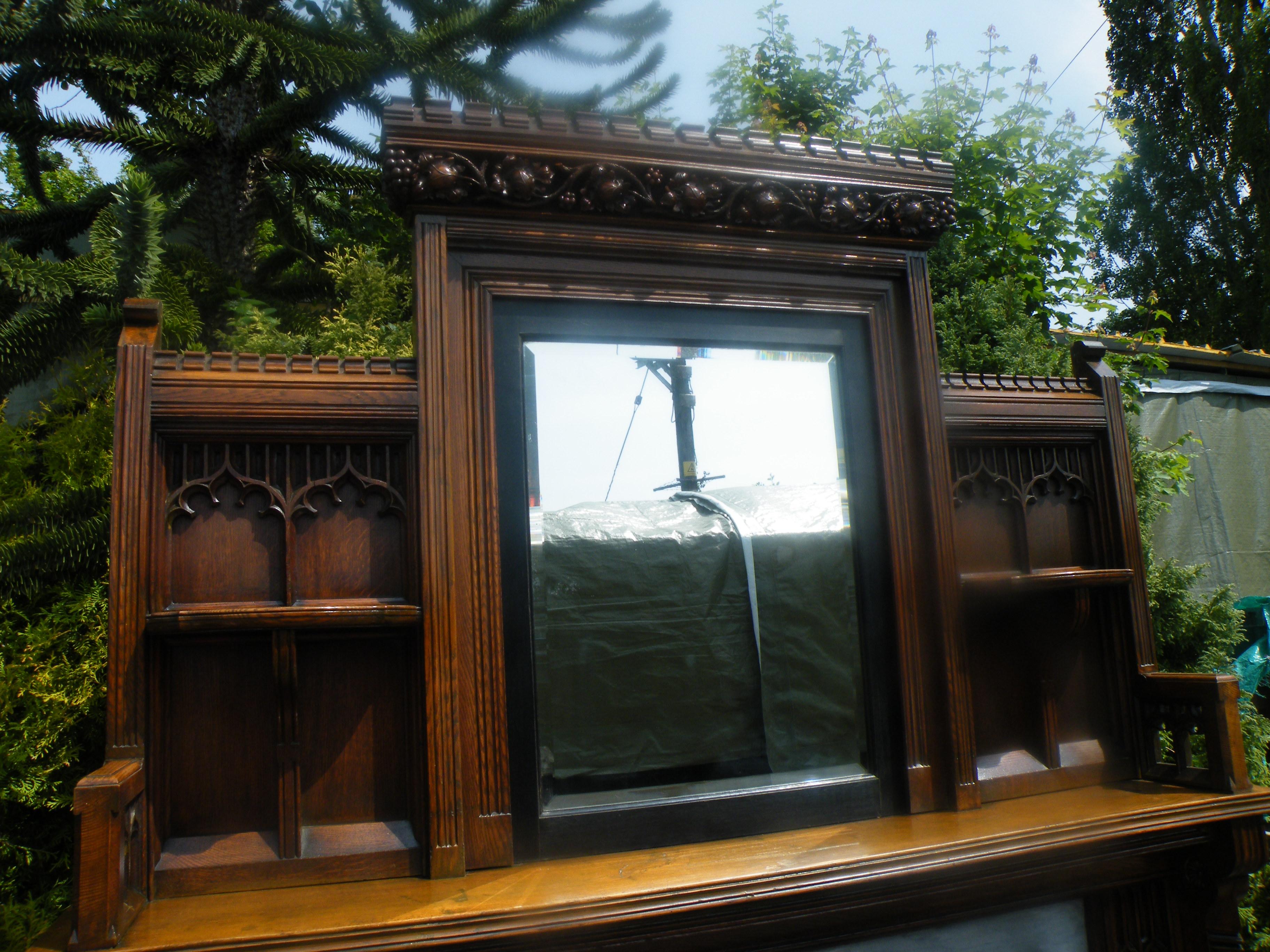 Gothic Revival Imposing Reformed Gothic Oak Fireplace Mantel Surround 1870s with Mirror For Sale