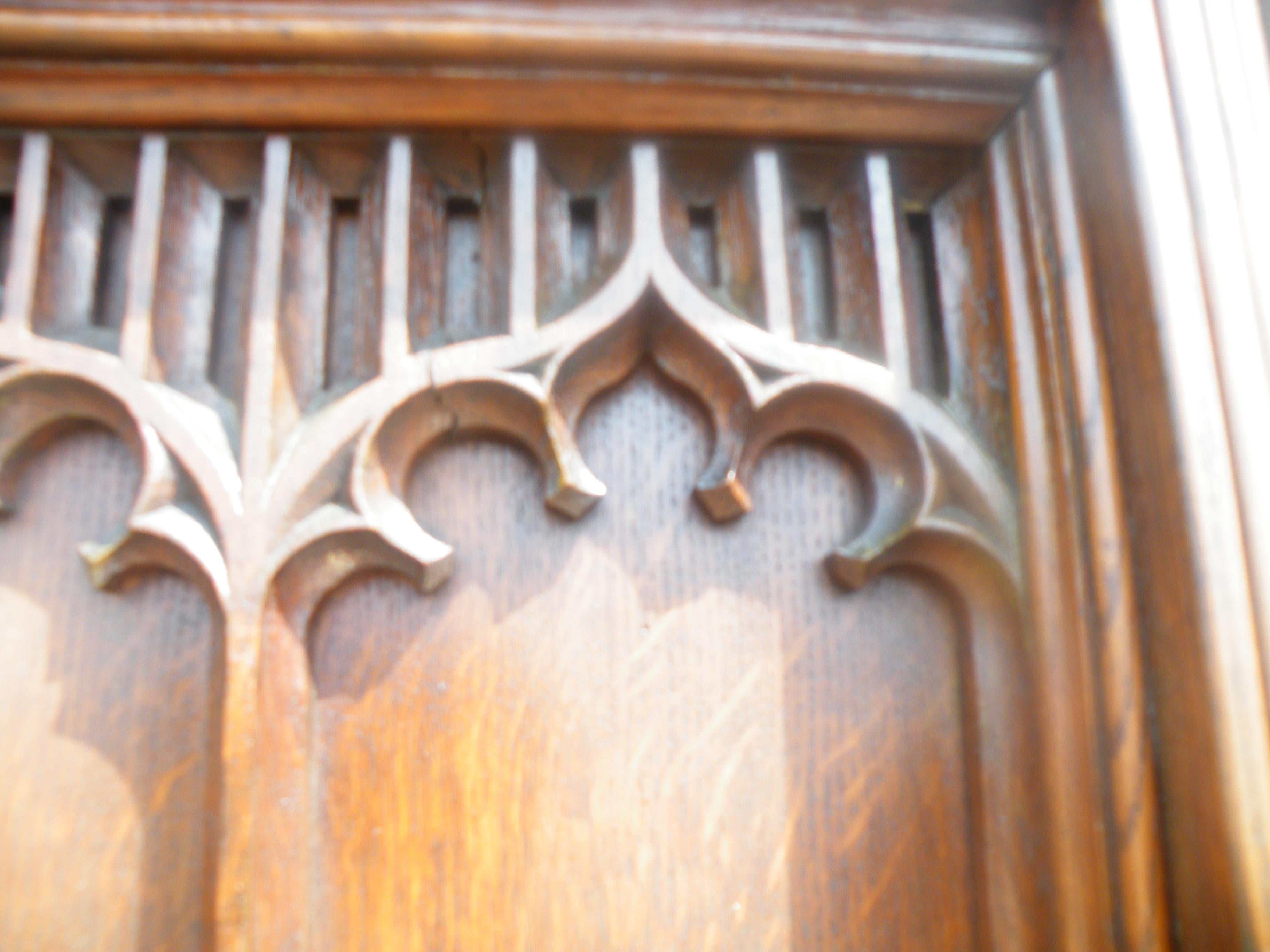 Hand-Carved Imposing Reformed Gothic Oak Fireplace Mantel Surround 1870s with Mirror For Sale