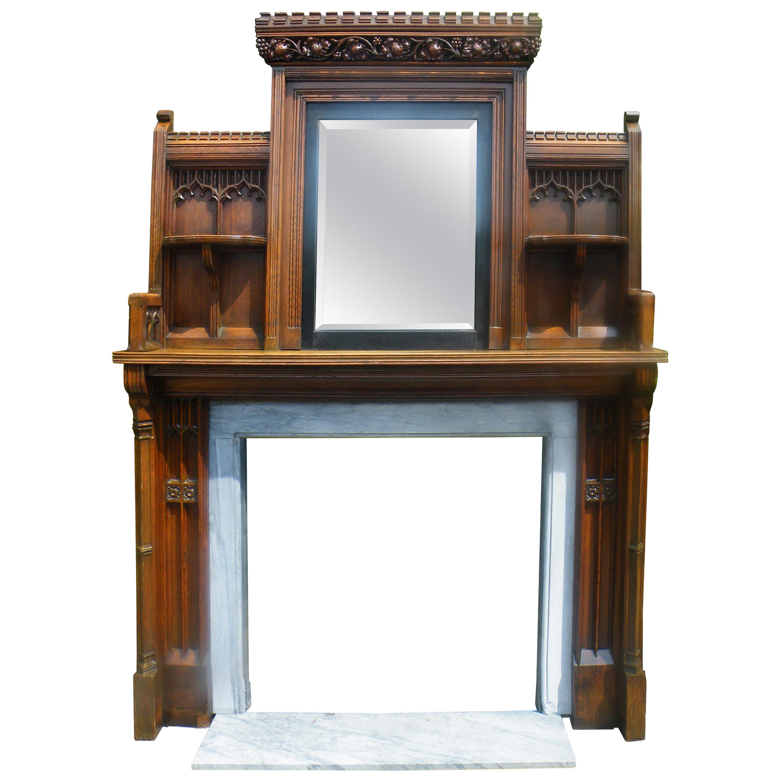 Imposing Reformed Gothic Oak Fireplace Mantel Surround 1870s with Mirror For Sale