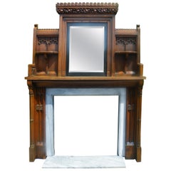 Imposing Reformed Gothic Oak Fireplace Mantel Surround 1870s with Mirror