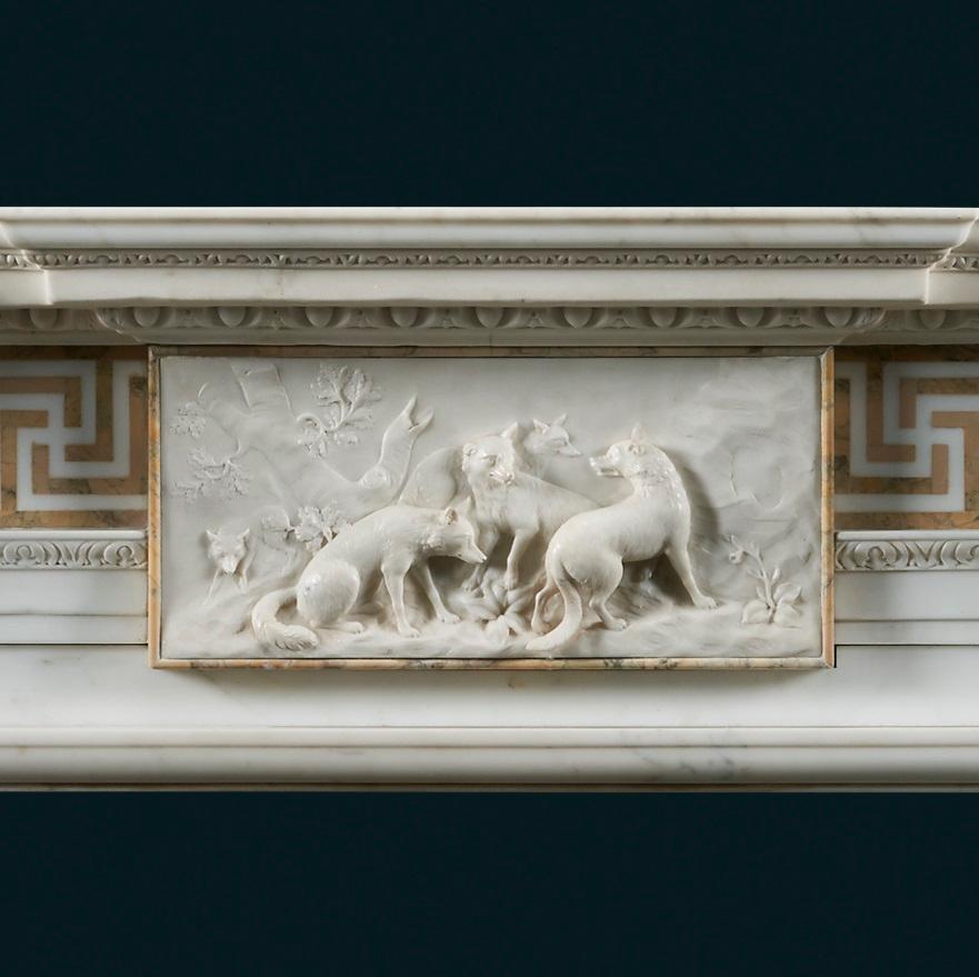 Carved Statuary & Siena Marble Fireplace of 18th Century Palladian Design